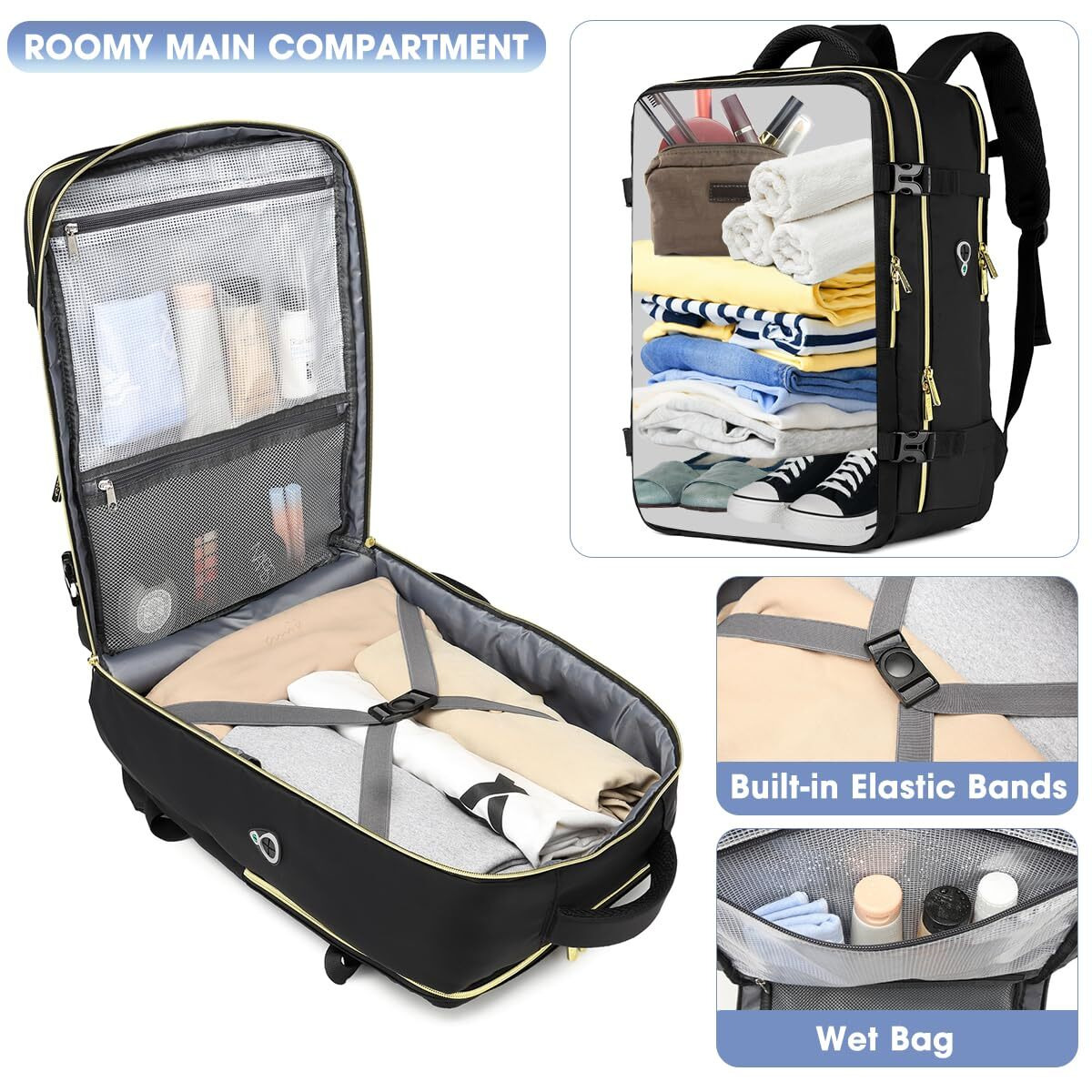 Large Carry On Travel Backpack - Flight Approved Waterproof Anti-Theft Luggage Daypack For Women Men Fit 17 Inch Laptop Business Weekender Overnight Backpack College Bag Personal Item Size Black