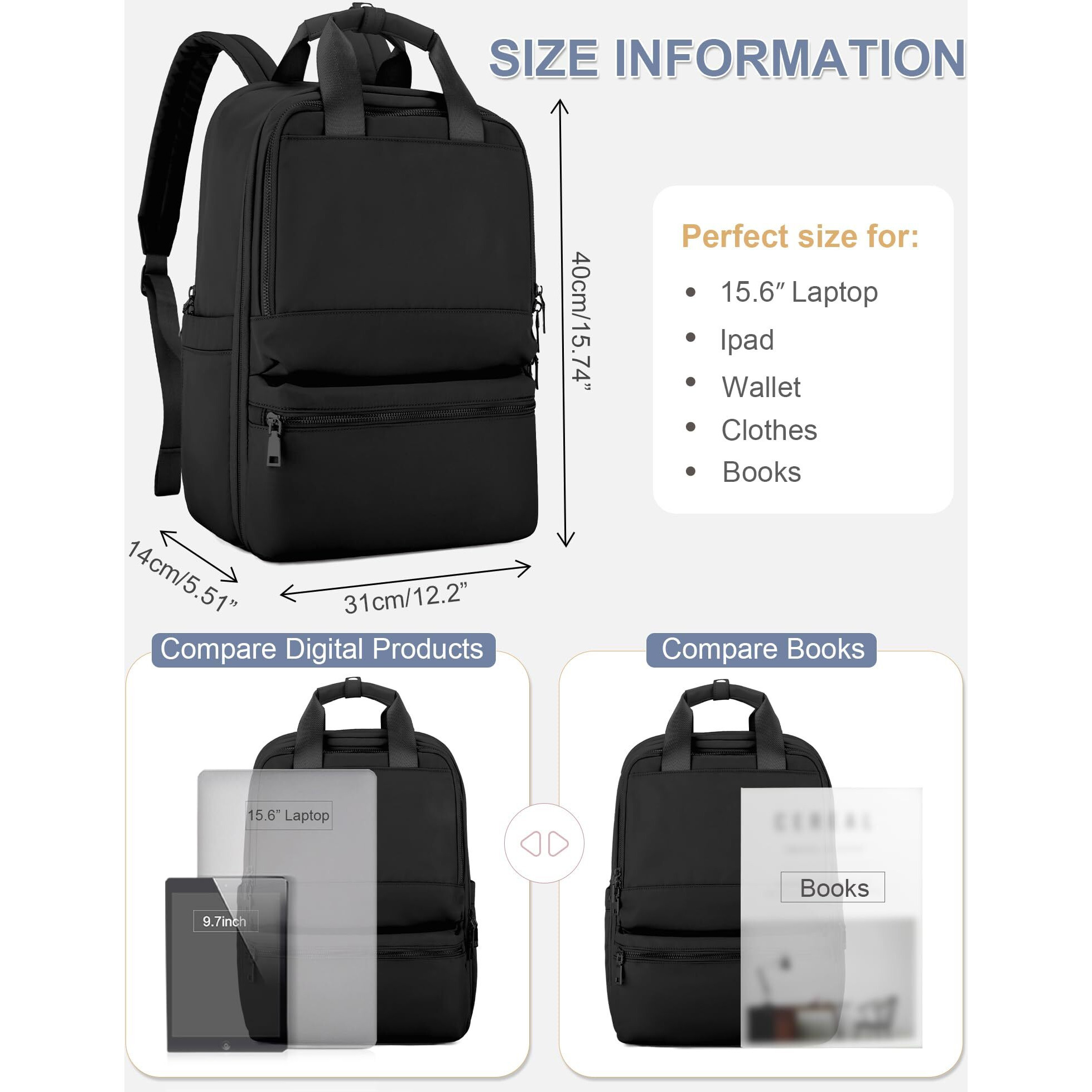 Wepadre Black Travel Backpack For Women Men Airline Approved Carry On Bags For Airplanes Personal Item Bag For Airlines Waterproof Hiking Backpack College Laptop Backpack Weekender Overnight Bag