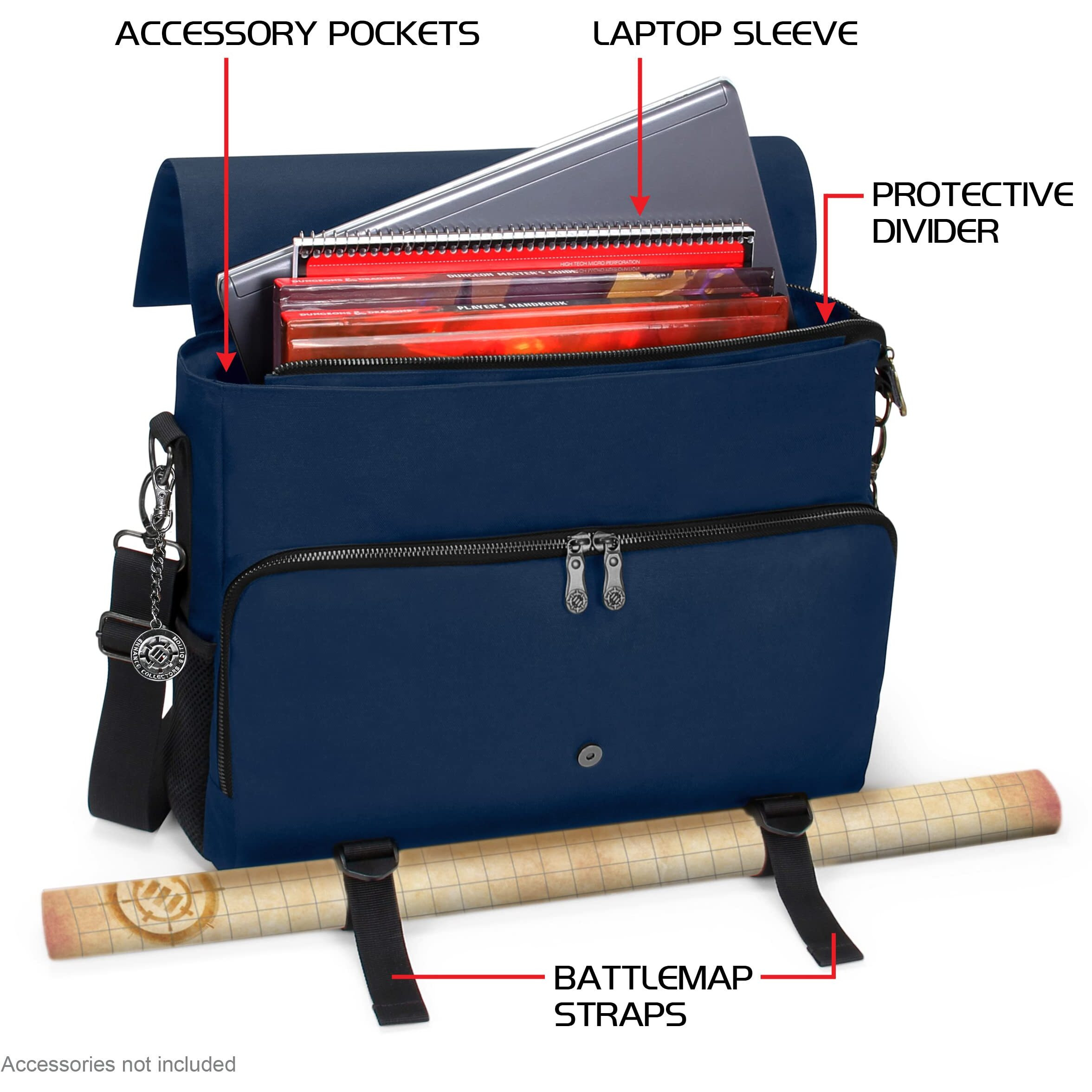 Enhance Collector's Edition Rpg Player's Essentials Dnd Bag - Dragon Hide Exterior Messenger Bag Fits 2-4 Books, Binders, Dice & Accessories, With 17 Inch Laptop Slot, Battlemap Straps (Dragon Blue)