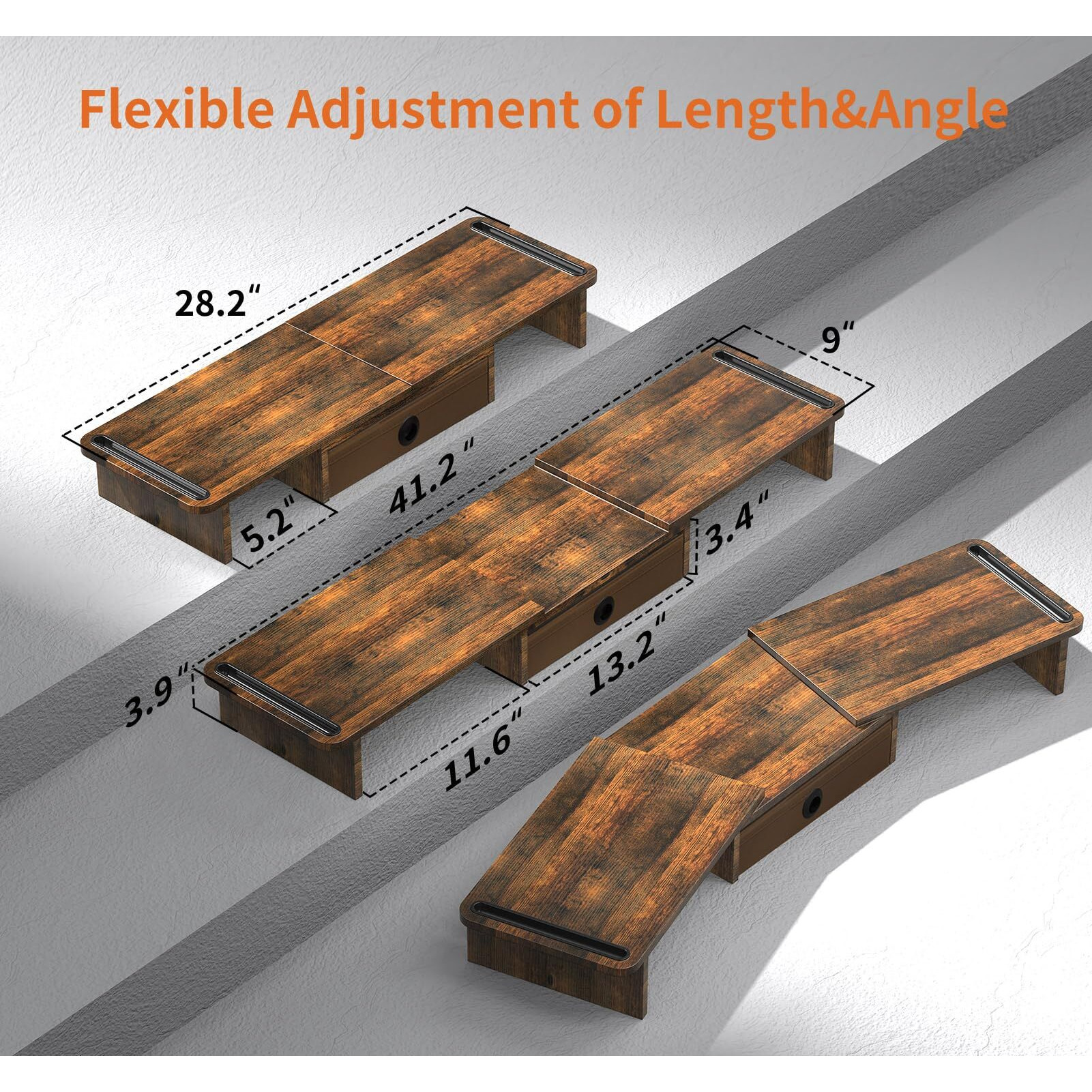 Ergofocus Dual Monitor Stand Riser With Drawer-Adjustable Length And Angle, Monitor Stand Riser For 2 Monitors, Desktop Organizer Stand For Computer/Laptop/Pc/Printer (Rust Brown)