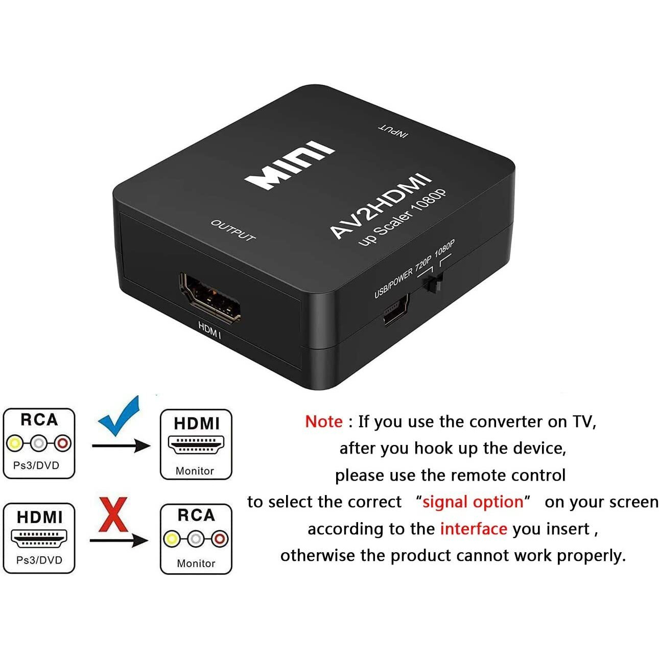 Amtake Rca To Hdmi Converter, 1080P Rca Composite Cvbs Av To Hdmi Video Audio Converter Adapter Compatible With N64 Wii Ps2 Xbox Vhs Vcr Camera Dvd, Support Pal/Ntsc With Hdmi And Usb Power Cable