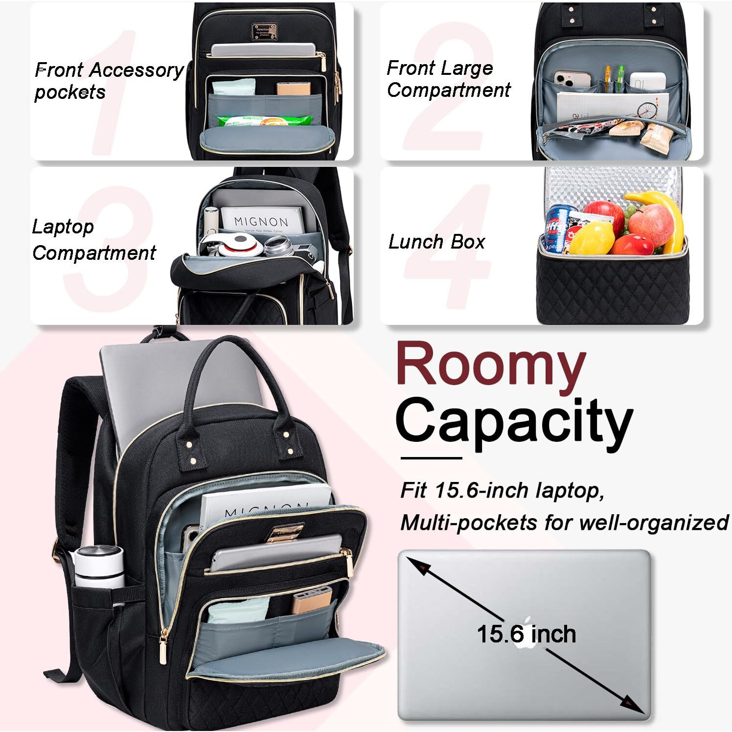 Weitars Lunch Backpack For Women,15.6 Inch Laptop Backpack Travel Backpack For Women,Work Backpack,Teacher Nurse Backpack Insulated Lunchbox Backpack