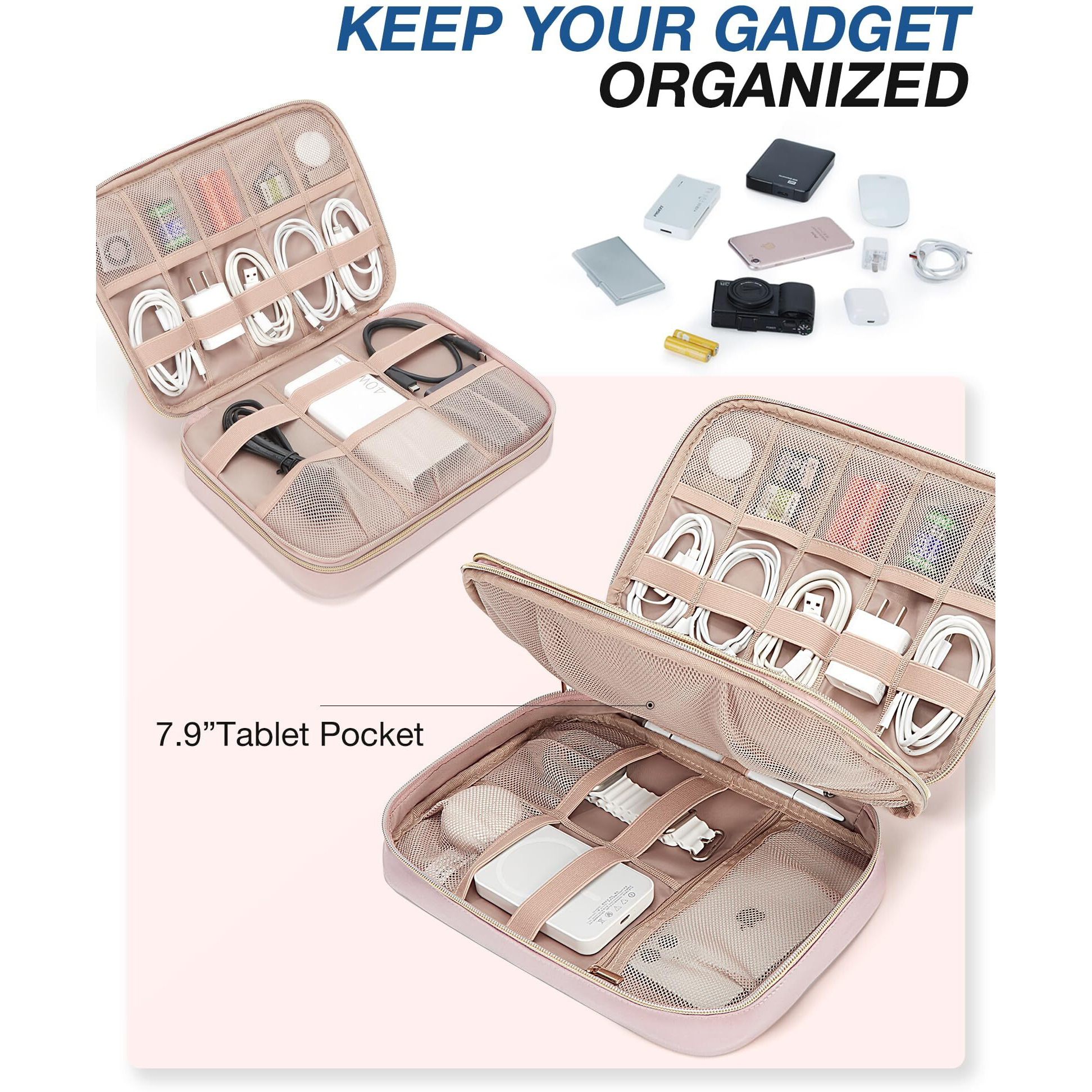 Bagsmart Travel Electronic Organizer Case, Cord Organizer Storage Bag For Women, Tech Organizer Travel Case For Charging Cable, Double Layer, Pink