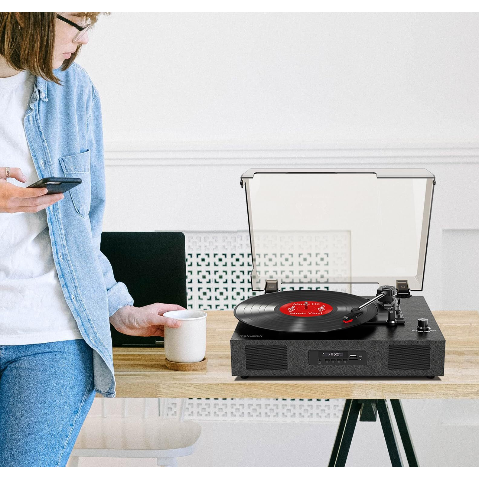Vinyl Record Player Turntable With Built-In Stereo Speakers, Vintage 3-Speed Turntable For Vinyl Records Usb Sd Recording With Bluetooth Music Playback,Rca Out And Digital Display, Black