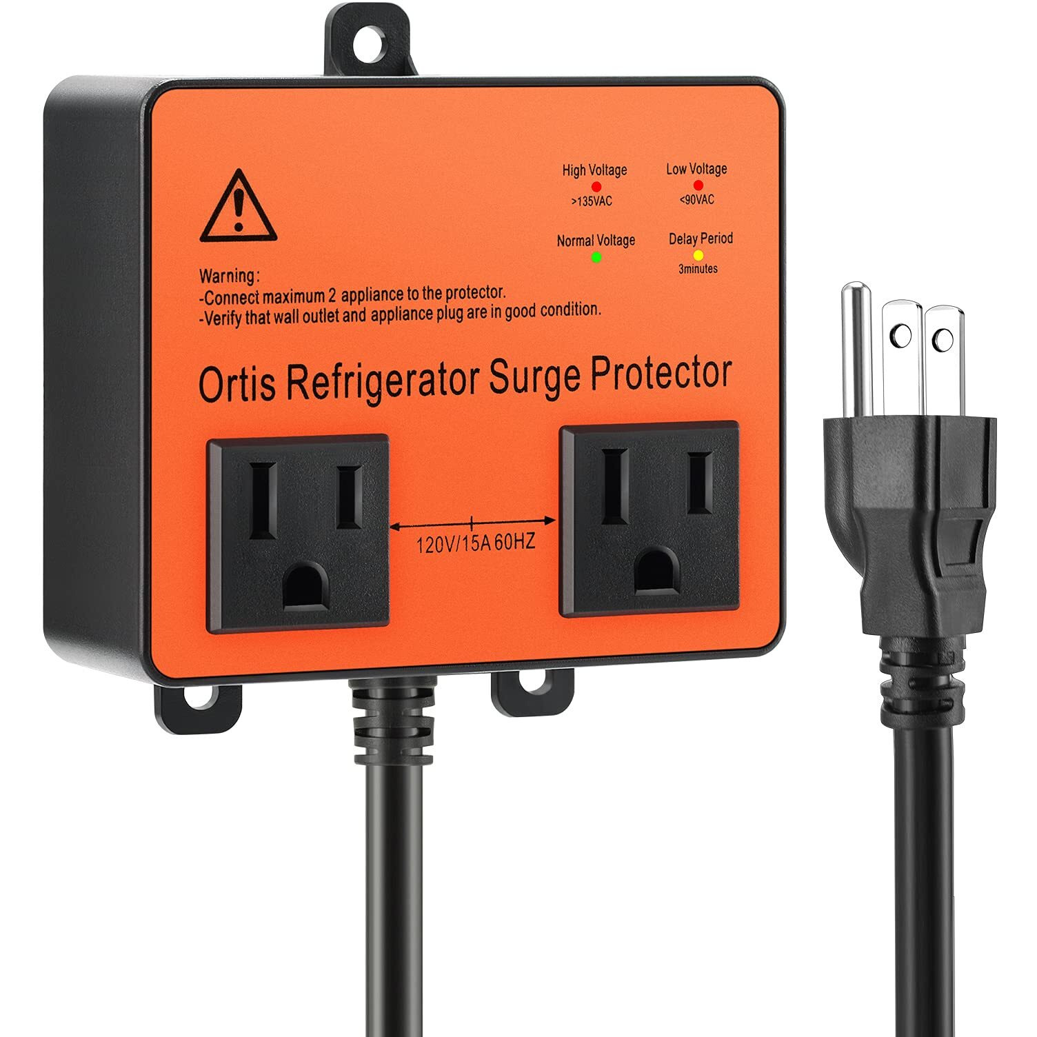 Refrigerator Surge Protector, Ortis Double Outlet Voltage Protector For Home Appliances With Time Delay, 5Ft Power Cord, Protects Against Brownout, Spike, Instant Surge All Voltage Abnormalities