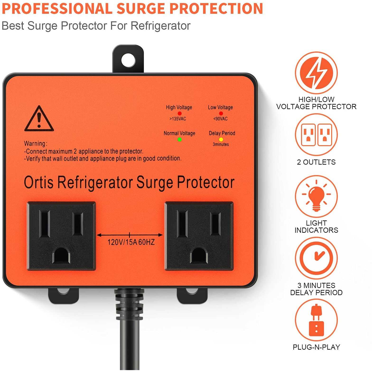 Refrigerator Surge Protector, Ortis Double Outlet Voltage Protector For Home Appliances With Time Delay, 5Ft Power Cord, Protects Against Brownout, Spike, Instant Surge All Voltage Abnormalities