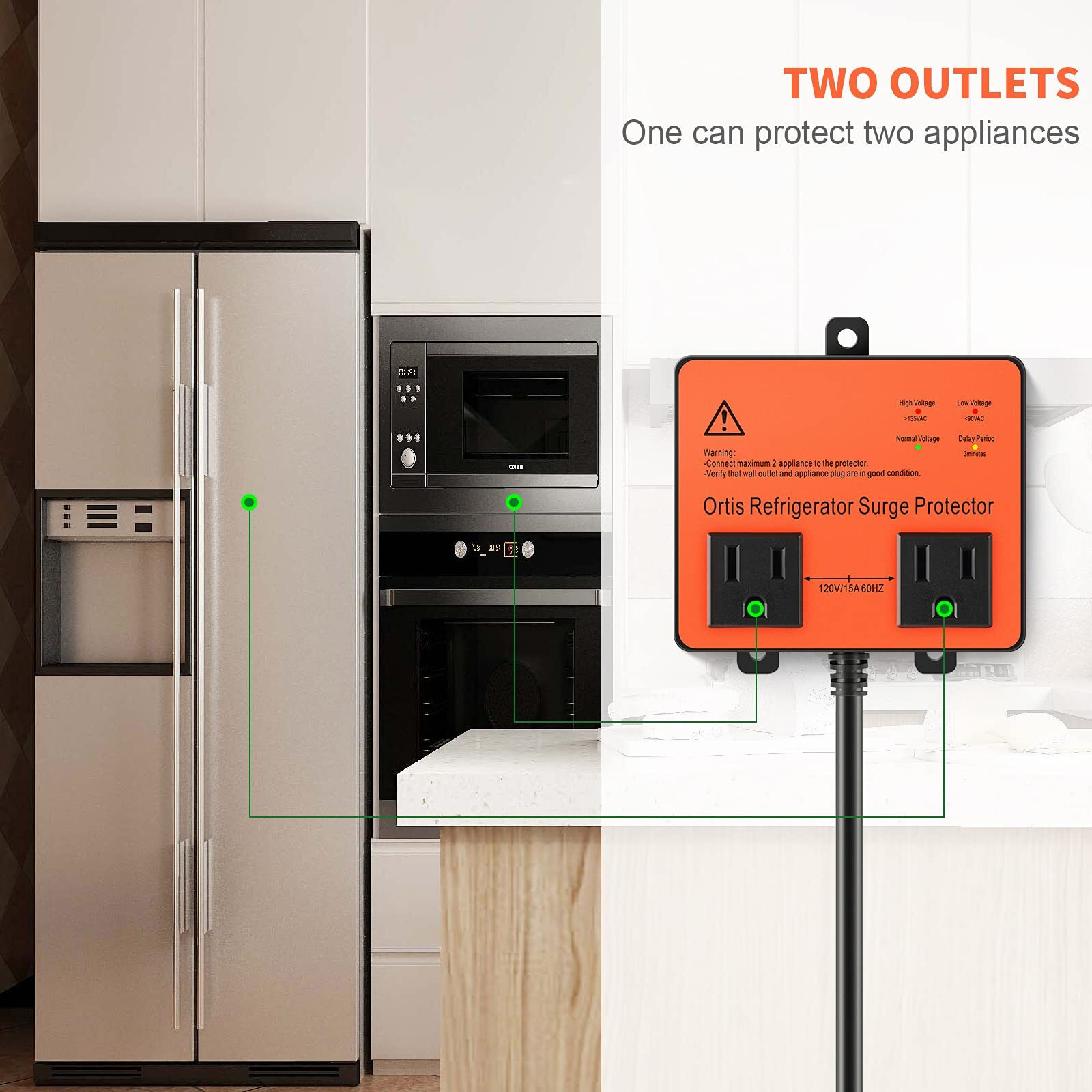 Refrigerator Surge Protector, Ortis Double Outlet Voltage Protector For Home Appliances With Time Delay, 5Ft Power Cord, Protects Against Brownout, Spike, Instant Surge All Voltage Abnormalities