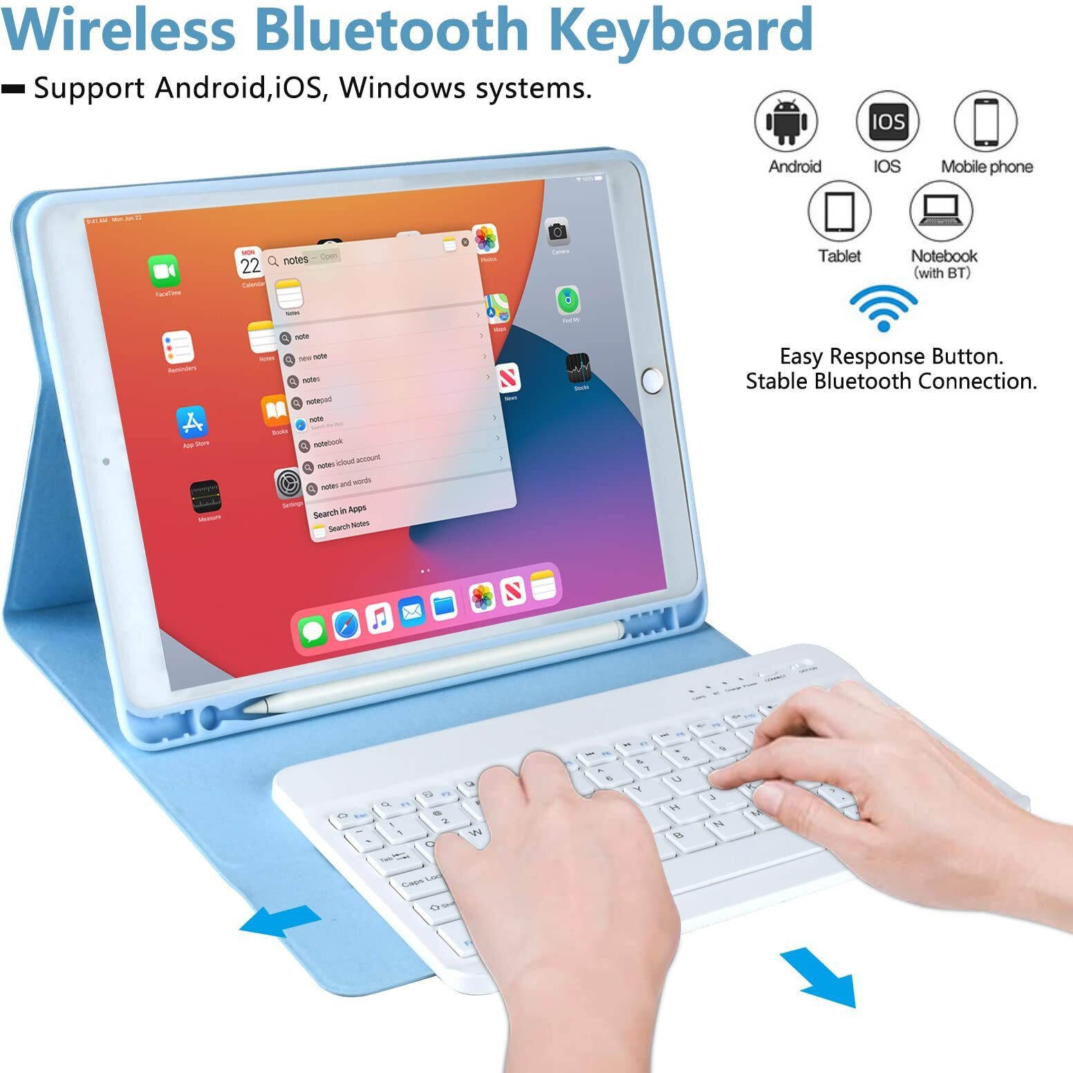 Keyboard Case For Ipad 9Th Generation 2021/8Th Gen/7Th Gen 10.2 Inch, Detachable Wireless With Pencil Holder Keyboard Cover For New Ipad 9Th Gen/8Th Gen/7Th Gen 10.2""/Ipad Air 3/Ipad Pro 10.5"" (Blue)