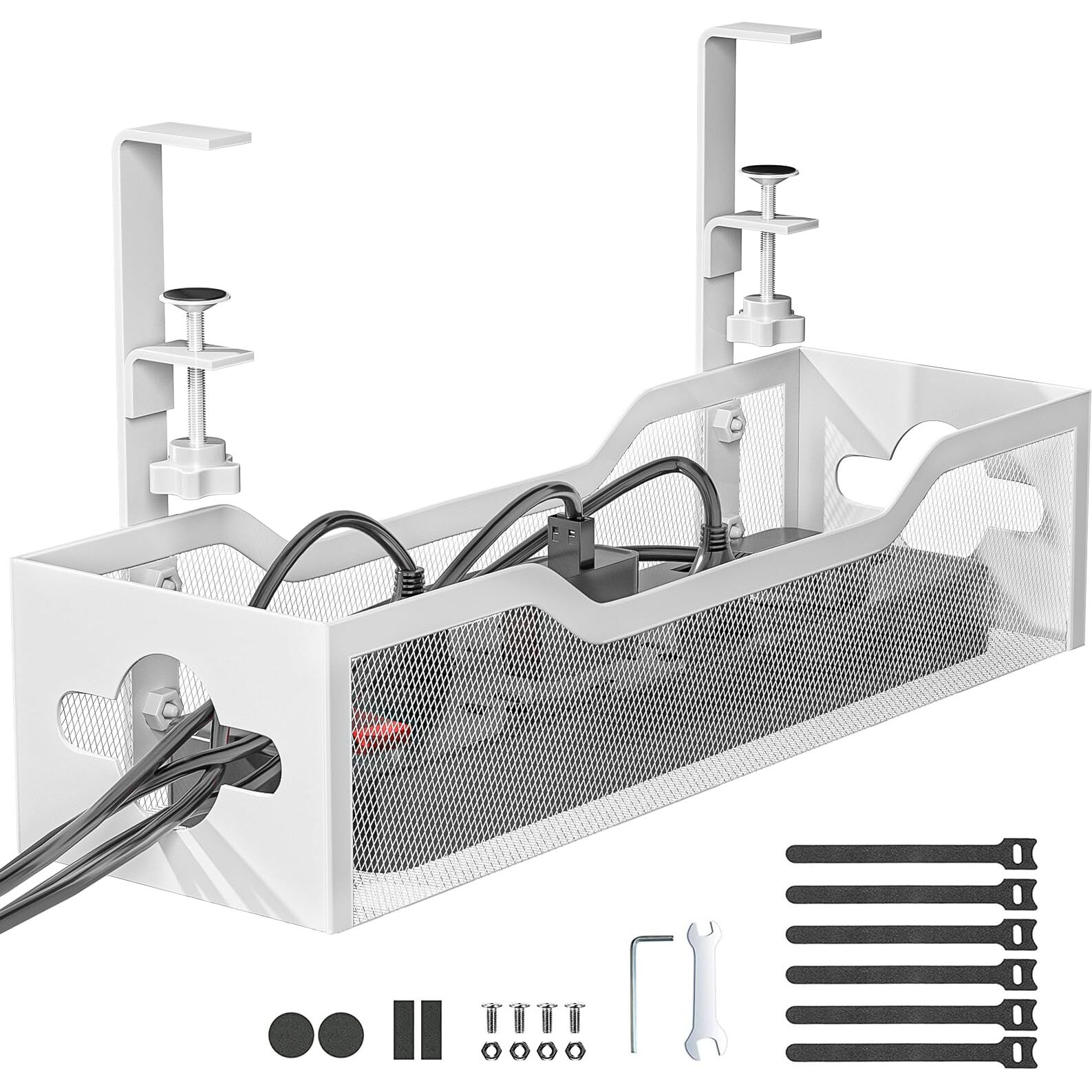 Litwaro Under Desk Cable Management Tray White, Cable Management Under Desk No Drill, Desk Cable Organizer With Clamp For Desk Cord Organizer, Desk Wire Management For Office, Home No Damage To Desk