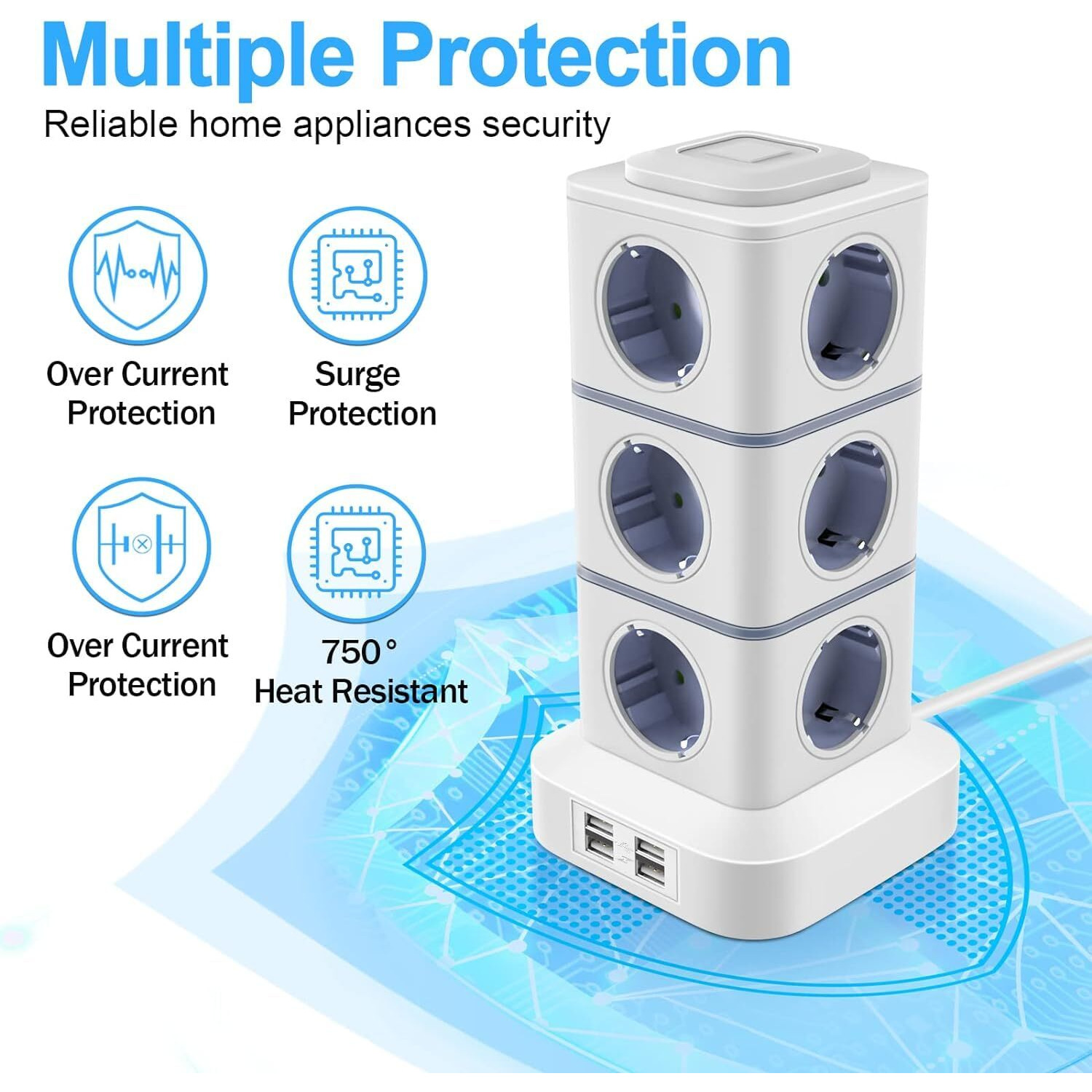 Oleke Power Strip Surge Protector Outlet Extender Surge Protector With 12 Outlets 4 Usb Tower Power Strip Flat Plug With 10 Ft Long Cord For Travel/Home/Office/School/Etl