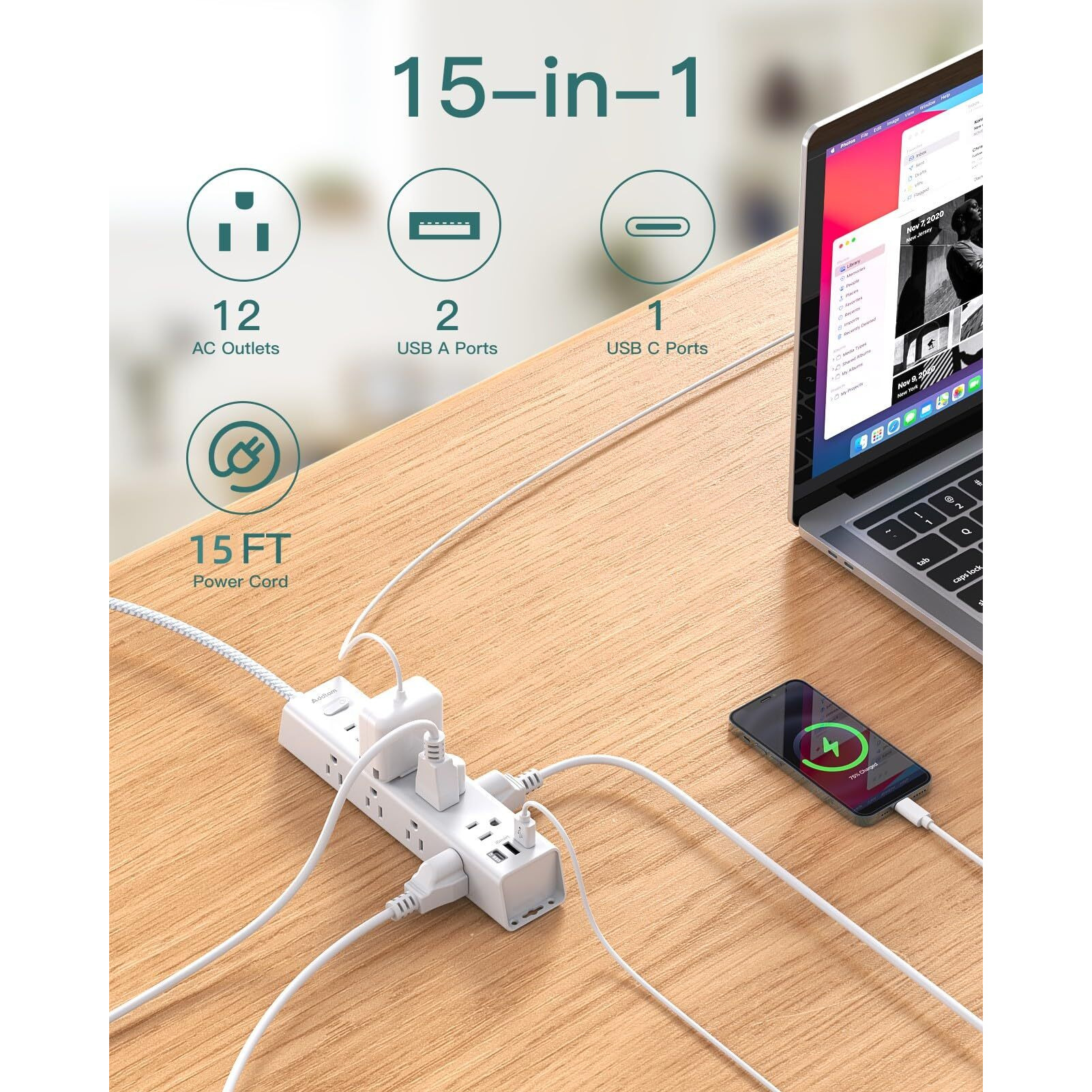 15Ft Extension Cord - Power Strip Surge Protector, Long Cord With 12 Widely Ac Outlets 3 Usb, Flat Plug Extension Cord, Wall Mount, Desk Charging Station For Office Home College Dorm Room Essentials