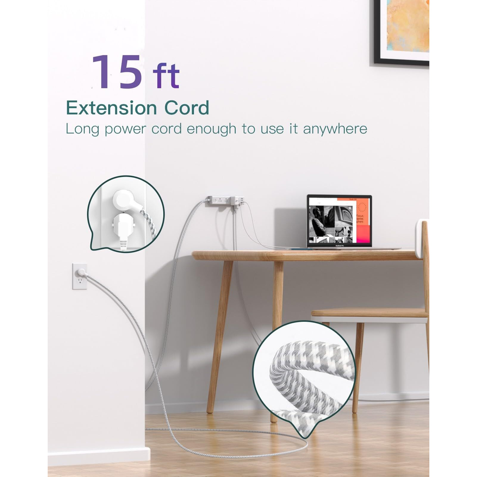 15Ft Extension Cord - Power Strip Surge Protector, Long Cord With 12 Widely Ac Outlets 3 Usb, Flat Plug Extension Cord, Wall Mount, Desk Charging Station For Office Home College Dorm Room Essentials