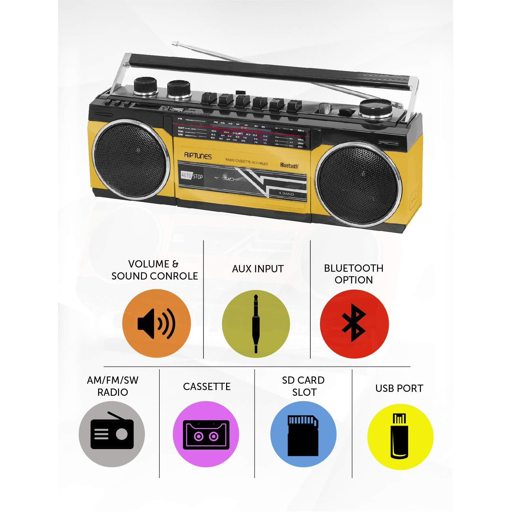 Riptunes Cassette Boombox, Retro Blueooth Boombox, Cassette Player And Recorder, Am/Fm/Sw-1-Sw2 Radio-4-Band Radio, Usb, And Sd, Yellow