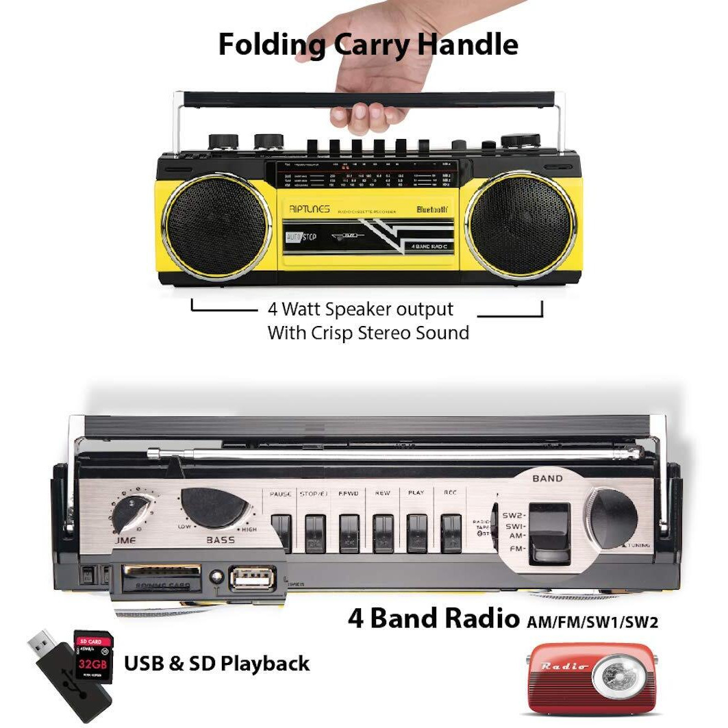 Riptunes Cassette Boombox, Retro Blueooth Boombox, Cassette Player And Recorder, Am/Fm/Sw-1-Sw2 Radio-4-Band Radio, Usb, And Sd, Yellow