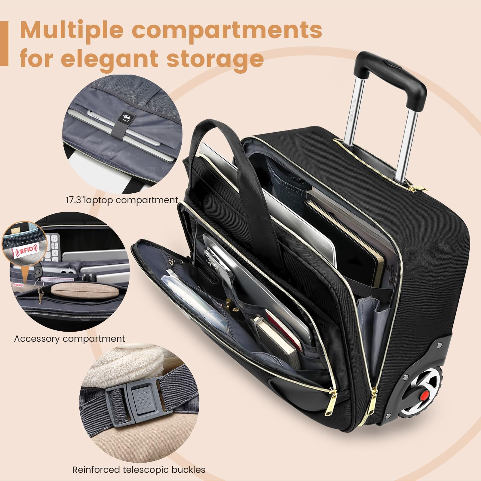 Rucyen Rolling Laptop Bag, 17.3 Inch Rolling Briefcase For Men & Women,Laptop Briefcase On Wheels, Overnight Bags Carry On Bag, For Business Travel