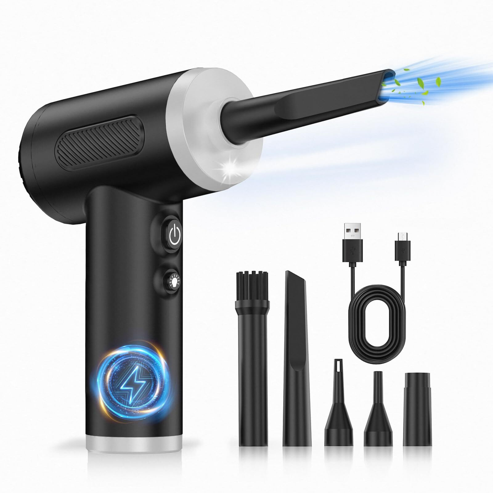 Compressed Air Duster, 100000Rpm Handheld Car Air Blower& Pump, 3 Gear Adjustable Electric Air Duster/Mini Pc Cleaner, Rechargeable Keyboard Duster With Led Light-8 Kits Air Blower For Computer