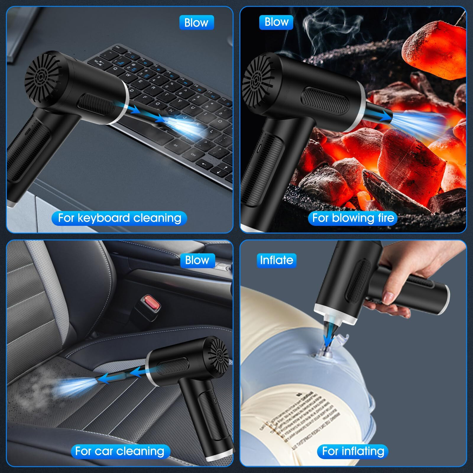 Compressed Air Duster, 100000Rpm Handheld Car Air Blower& Pump, 3 Gear Adjustable Electric Air Duster/Mini Pc Cleaner, Rechargeable Keyboard Duster With Led Light-8 Kits Air Blower For Computer