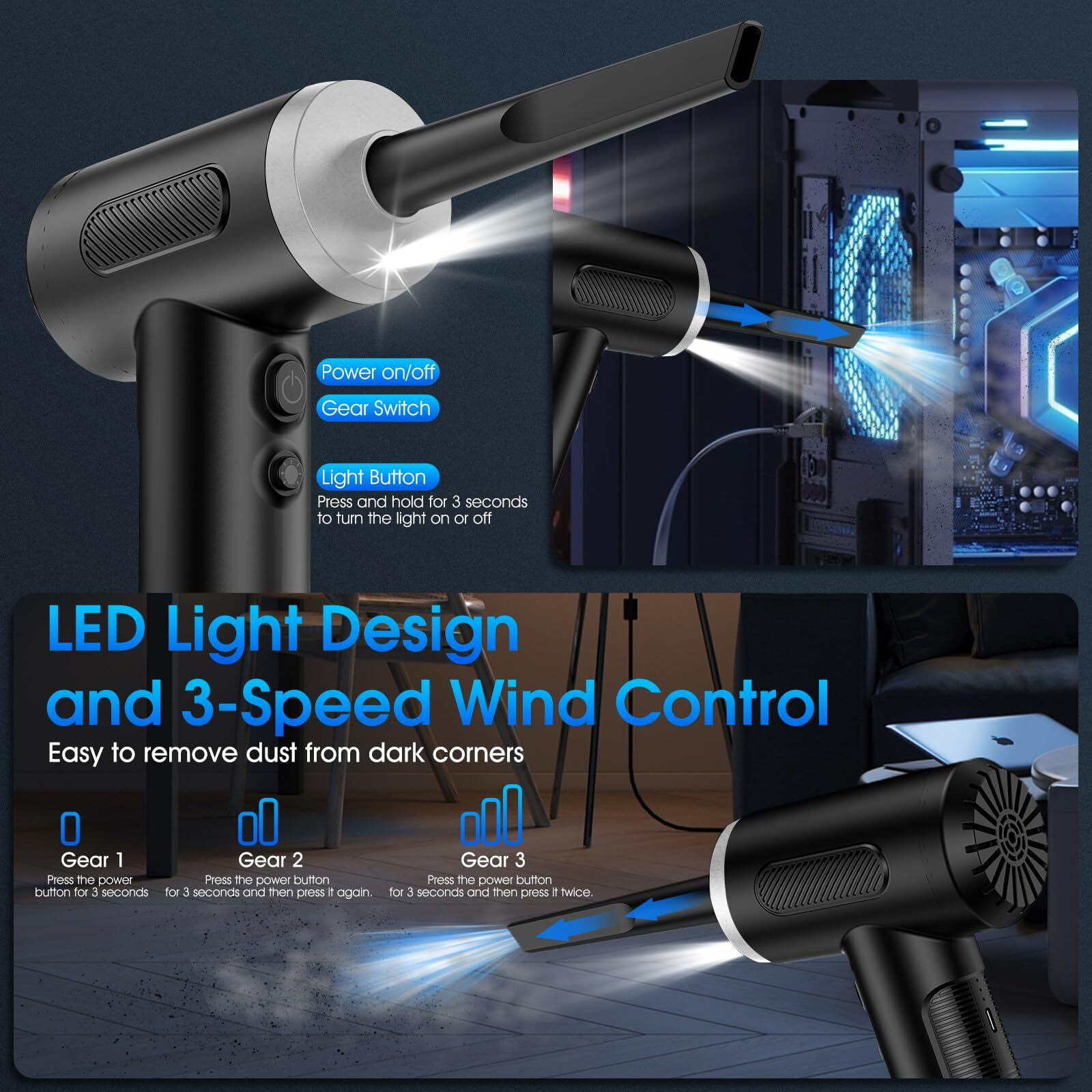 Compressed Air Duster, 100000Rpm Handheld Car Air Blower& Pump, 3 Gear Adjustable Electric Air Duster/Mini Pc Cleaner, Rechargeable Keyboard Duster With Led Light-8 Kits Air Blower For Computer