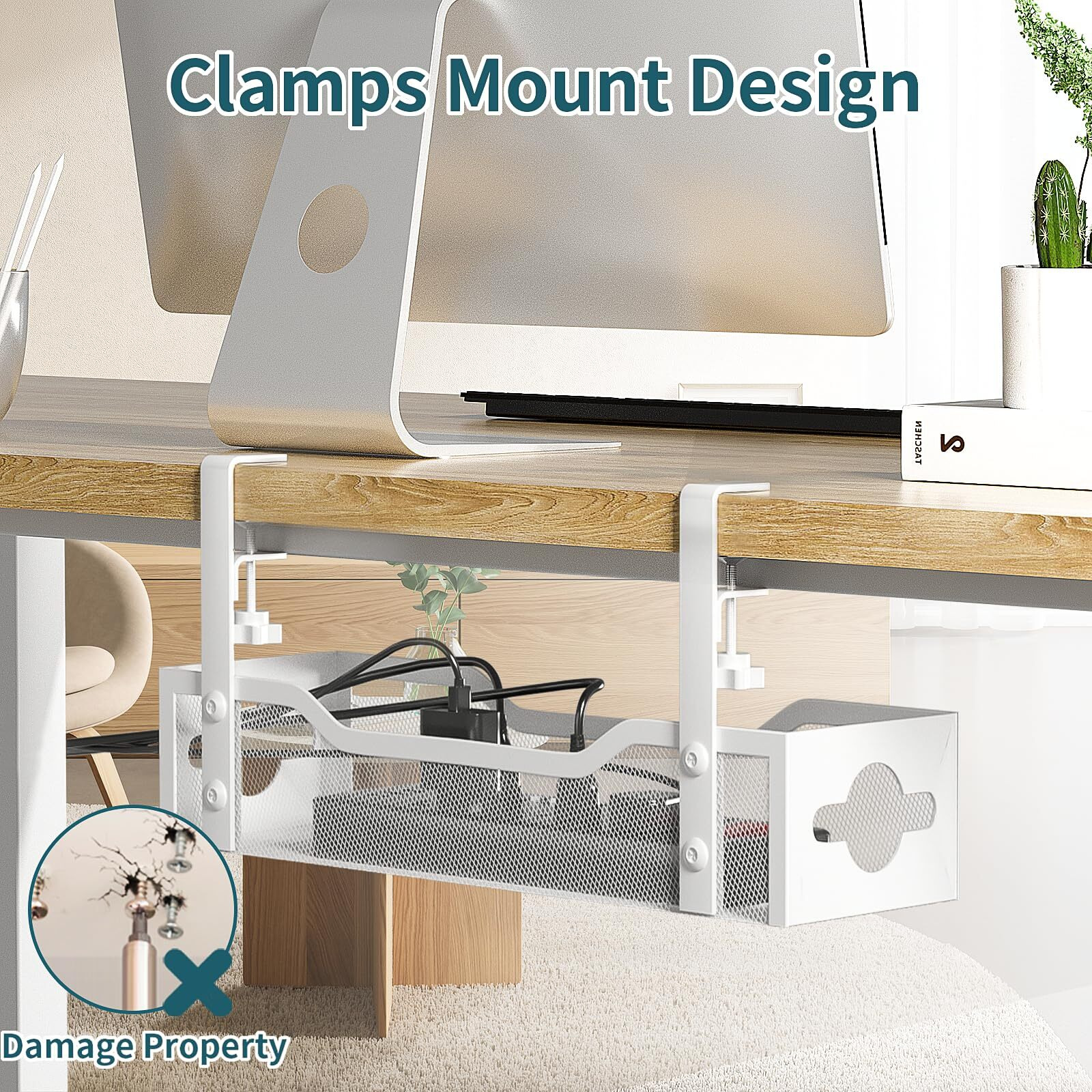 Under Desk Cable Management Tray, Litwaro Cable Management Under Desk No Drill, Metal Cable Tray With Clamp For Desk Wire Management, Desk Cord Organizer For Home Office No Damage To Standing Desk