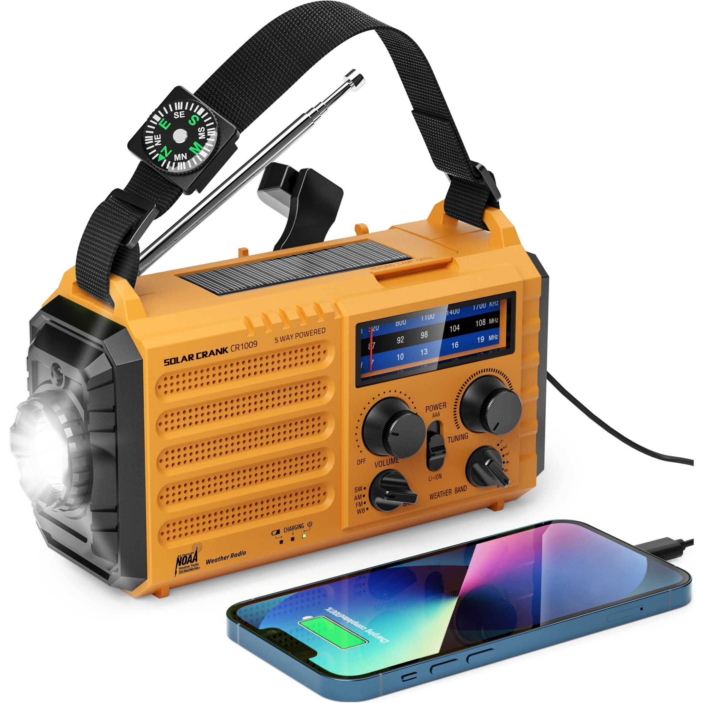 Weather Radio, 5-Way Powered Noaa Solar Hand Crank Emergency Radio With Noaa/Am/Fm/Sw With 18500Mwh Portable Power Bank, Survival Portable Radio With Led Flashlight,Battery Operated,Sos Alarm (Yellow)