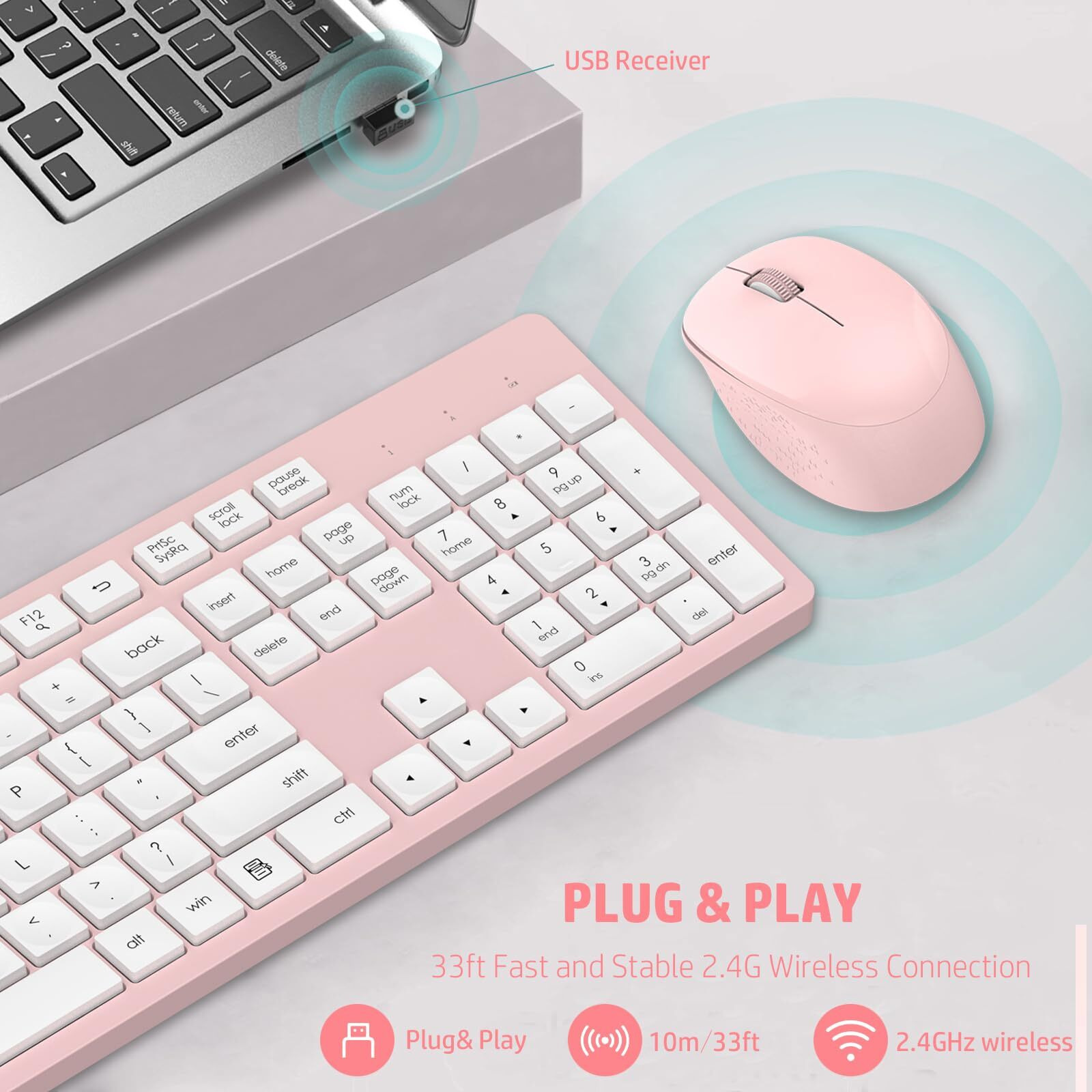 Leadsail Wireless Keyboard And Mouse Combo, Full-Sized Ergonomic Computer Keyboard, 2.4Ghz Cordless Keyboard Silent Mouse Set With 2-In-1 Usb Receiver, 12 Fn Shortcuts For Windows Laptop, Pc/Mac-Pink