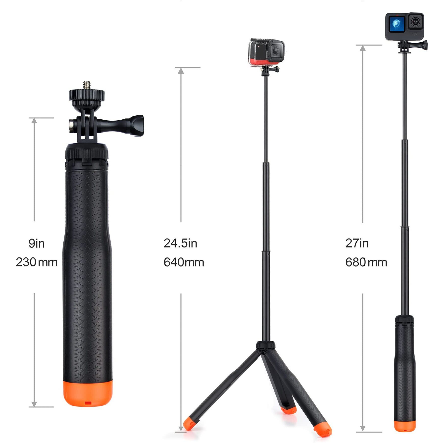 Gepuly 9''-27''Waterproof Selfie Stick Floating Hand Grip Tripod For Gopro Hero 13 12 11 10 9 8 7 6 5 4 3 Fusion, Max, Most Action Cameras Used As Floating Tripod, Hand Grip, Selfie Stick,Tripod Stand