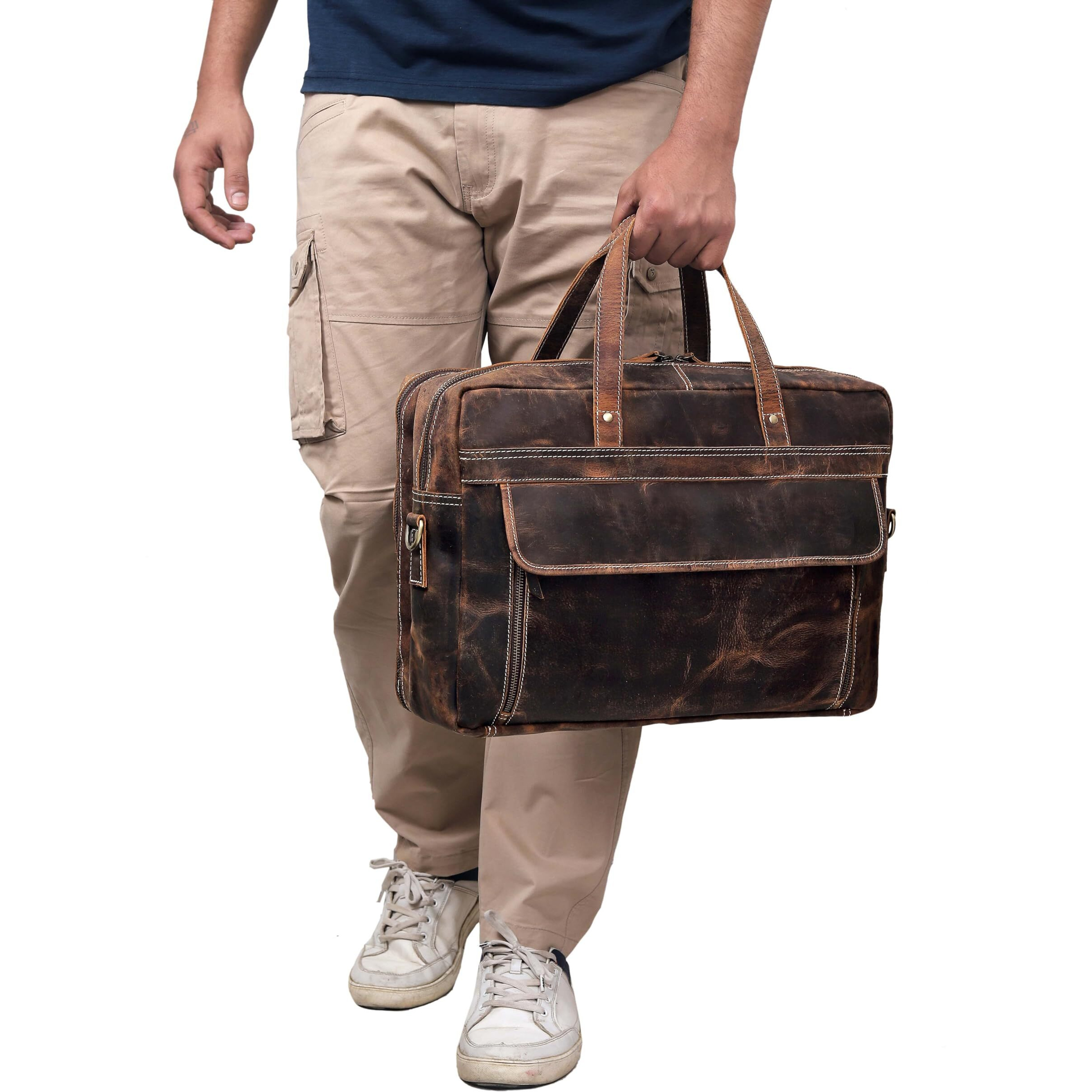 Cuero Leather Briefcase Laptop Work Bag For Men Women Vintage Brown Genuine Leather Satchel Office Bag For Men Women Computer Messenger Shoulder Travel Bag Cureo