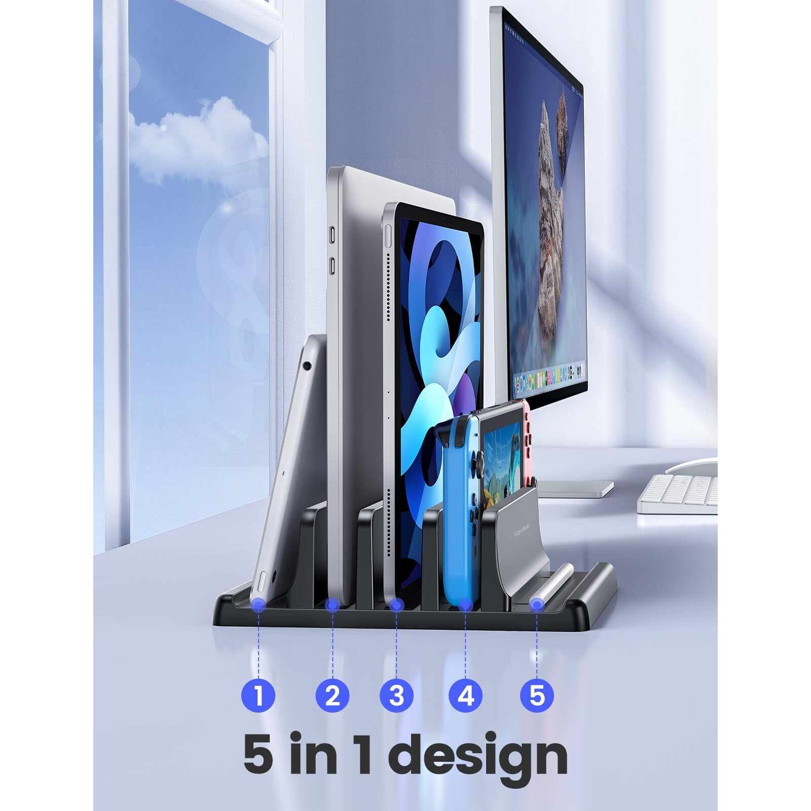 Vaydeer 3-Slot Vertical Laptop Stand Made Of Premium Abs Plastics 5 In 1 Design Space-Saving Adjustable Desk Organizer For All Macbook/Chromebook/Surface