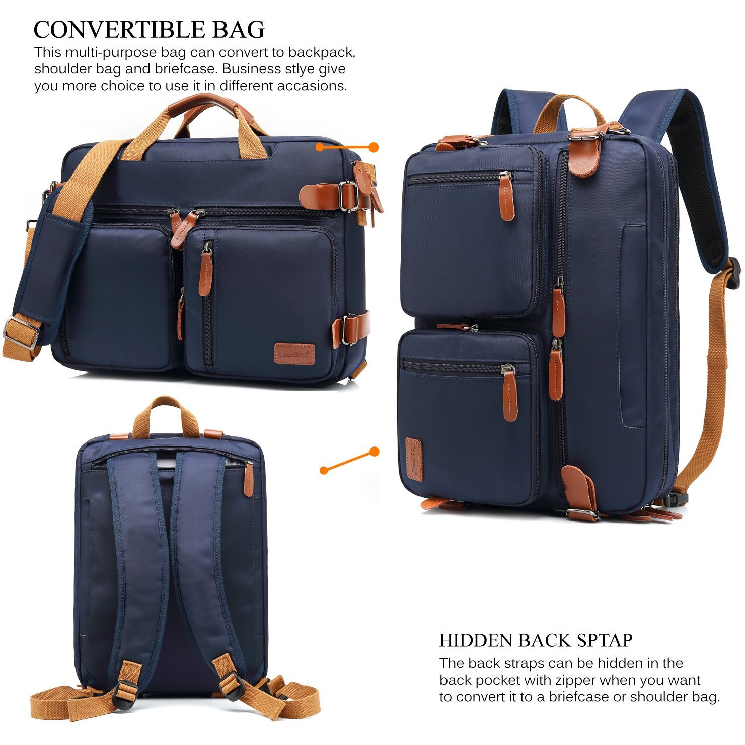 Coolbell Convertible Backpack Messenger Bag Shoulder Bag Laptop Case Handbag Business Briefcase Multi-Functional Travel Rucksack Fits 17.3 Inch Laptop For Men/Women (Blue)