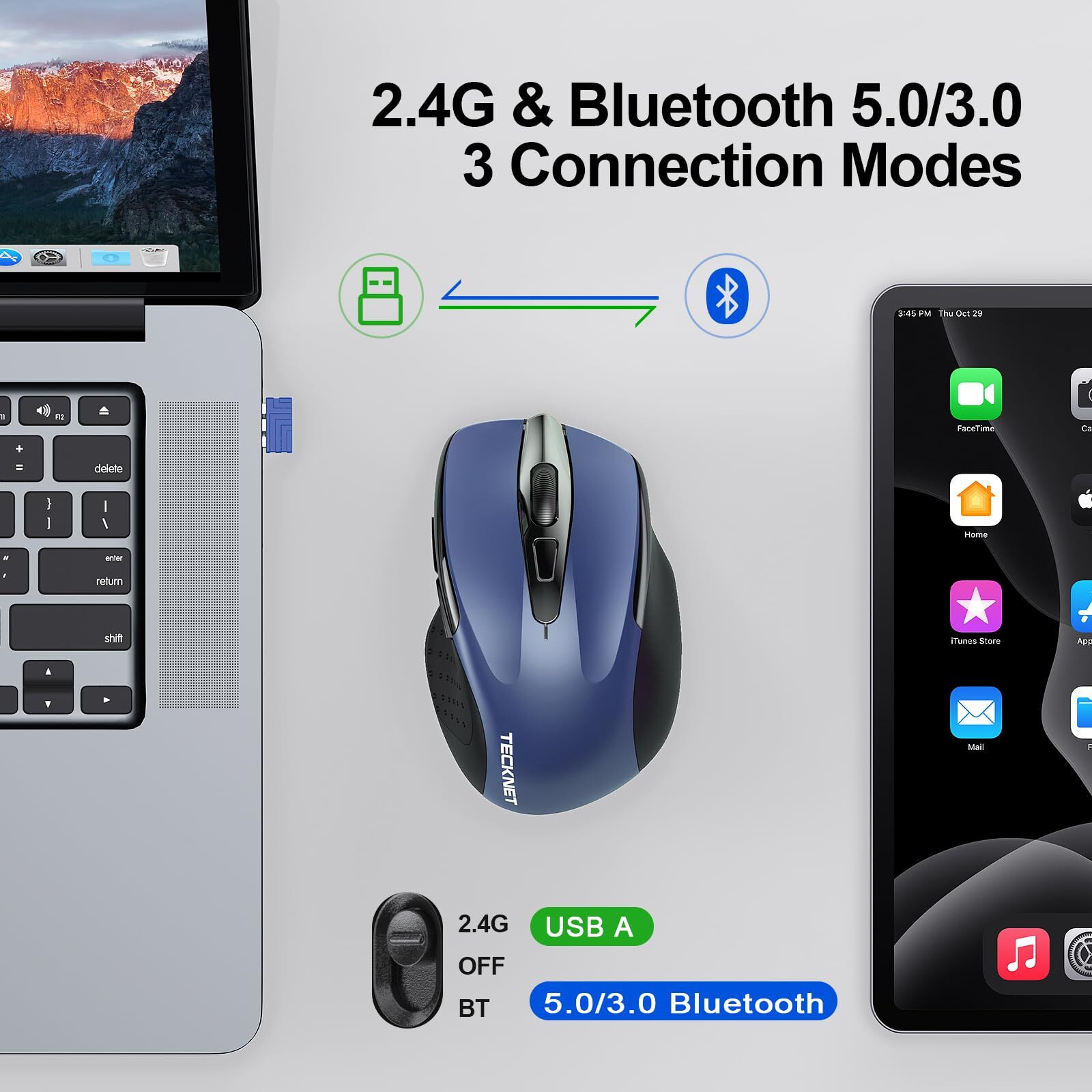 Tecknet Wireless Mouse (Bt5.0/3.0 & 2.4G) Rechargeable 4800 Dpi Silent Mouse 8 Buttons Bluetooth Mouse, Usb A Mouse Wide Compatibility - Blue