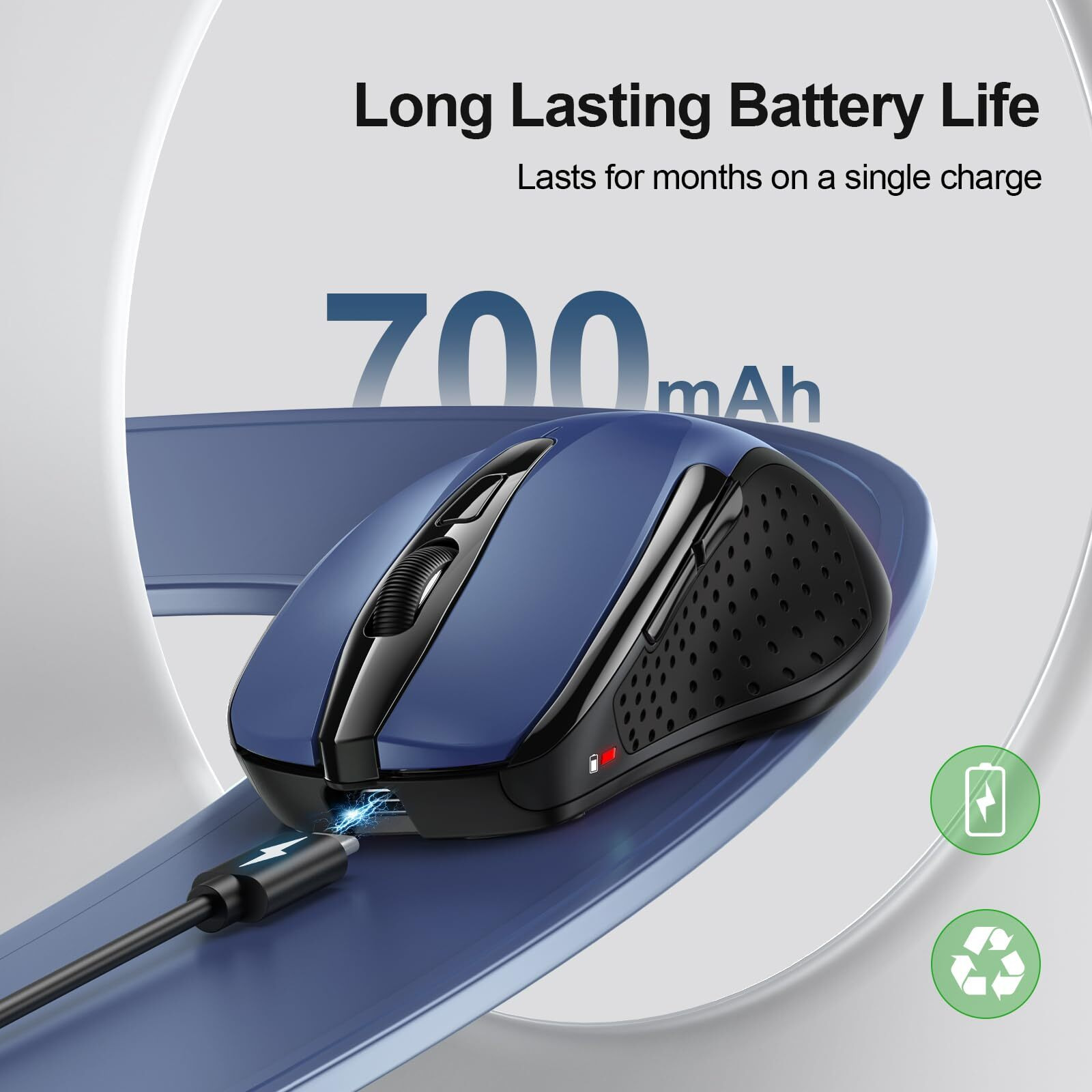 Tecknet Wireless Mouse (Bt5.0/3.0 & 2.4G) Rechargeable 4800 Dpi Silent Mouse 8 Buttons Bluetooth Mouse, Usb A Mouse Wide Compatibility - Blue