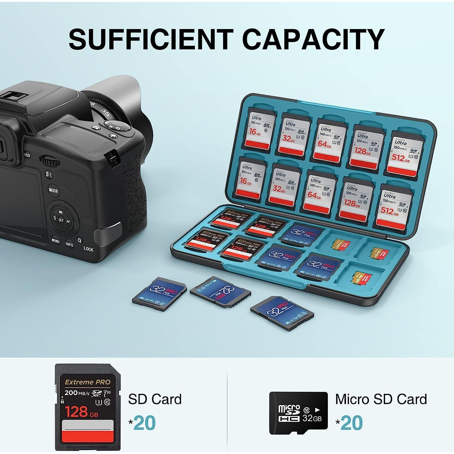 Heiying Sd Card Holder For Memory Sd Card And Micro Card, Portable Sd Card Holder Sd Sdhc Sdxc Tf Card Storage With 20 Sd Cards Slots & 20 Micro Sd Cards Slots.