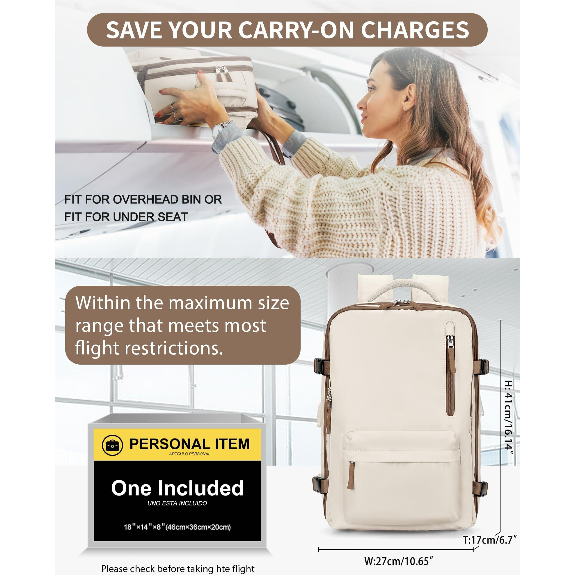 Vecave Carry On Backpack For Women,Large Travel Backpack Flight Approved,Waterproof 17 Inch Laptop Backpack Business Work Backpacks Men Mochila De Viaje Whitebrown
