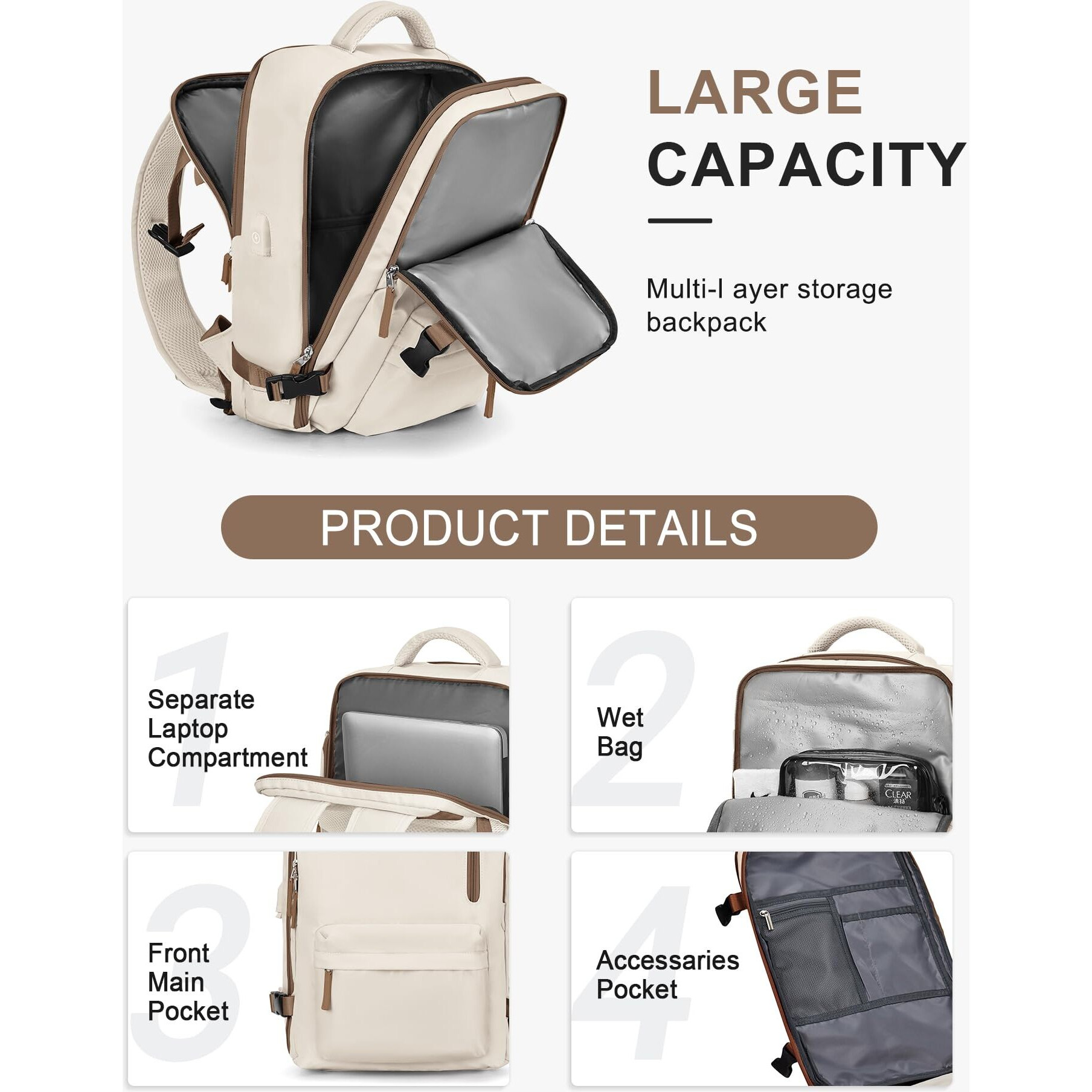 Vecave Carry On Backpack For Women,Large Travel Backpack Flight Approved,Waterproof 17 Inch Laptop Backpack Business Work Backpacks Men Mochila De Viaje Whitebrown