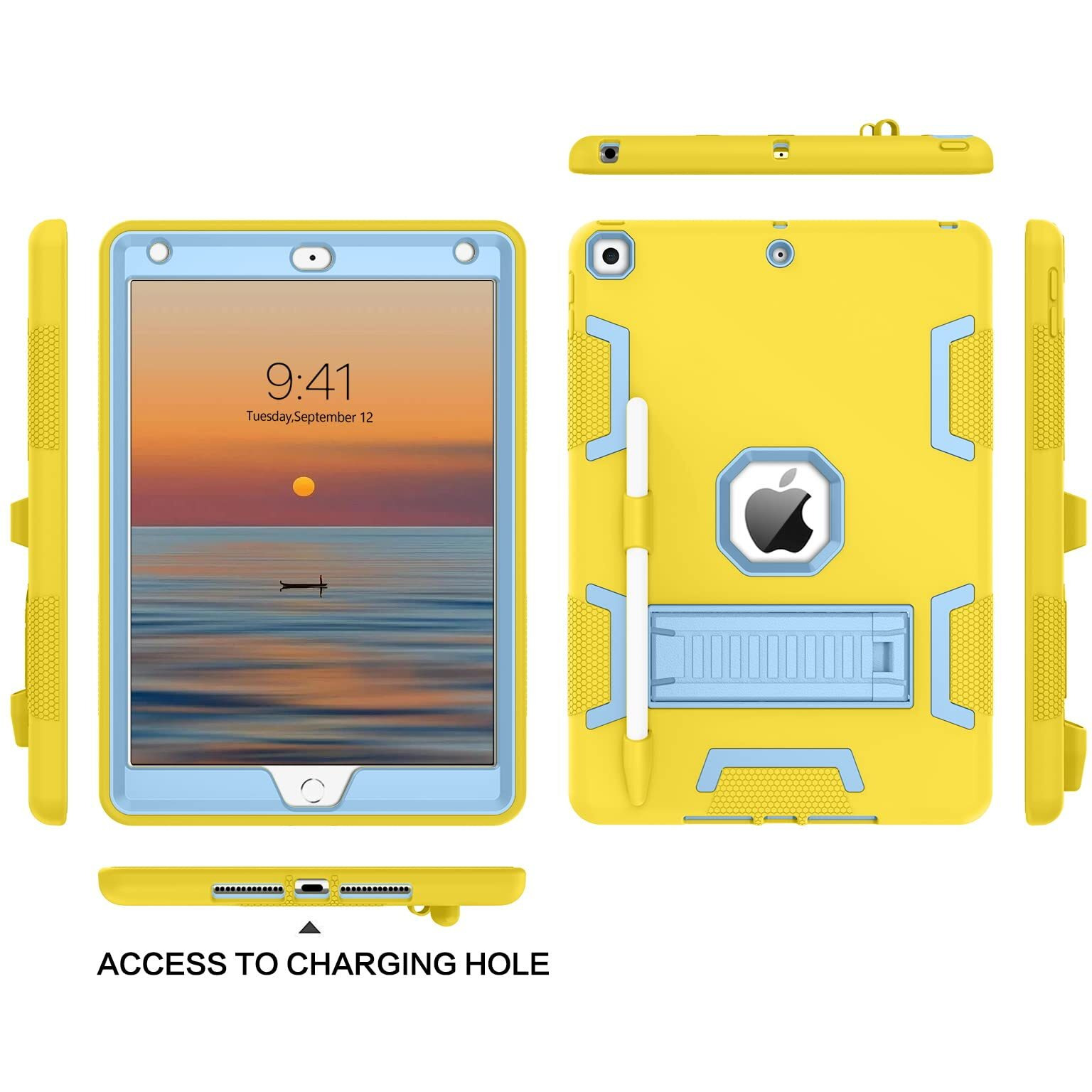 Veningo Ipad 9Th Generation Case, Ipad 8Th Gen Case,Ipad 7Th Gen Case, Ipad 10.2 2021/2020/2019 Case, 3 In 1 Heavy Duty Rugged Shockproof Protective Tablet Cover With Stand Pen Holder, Yellow/Blue