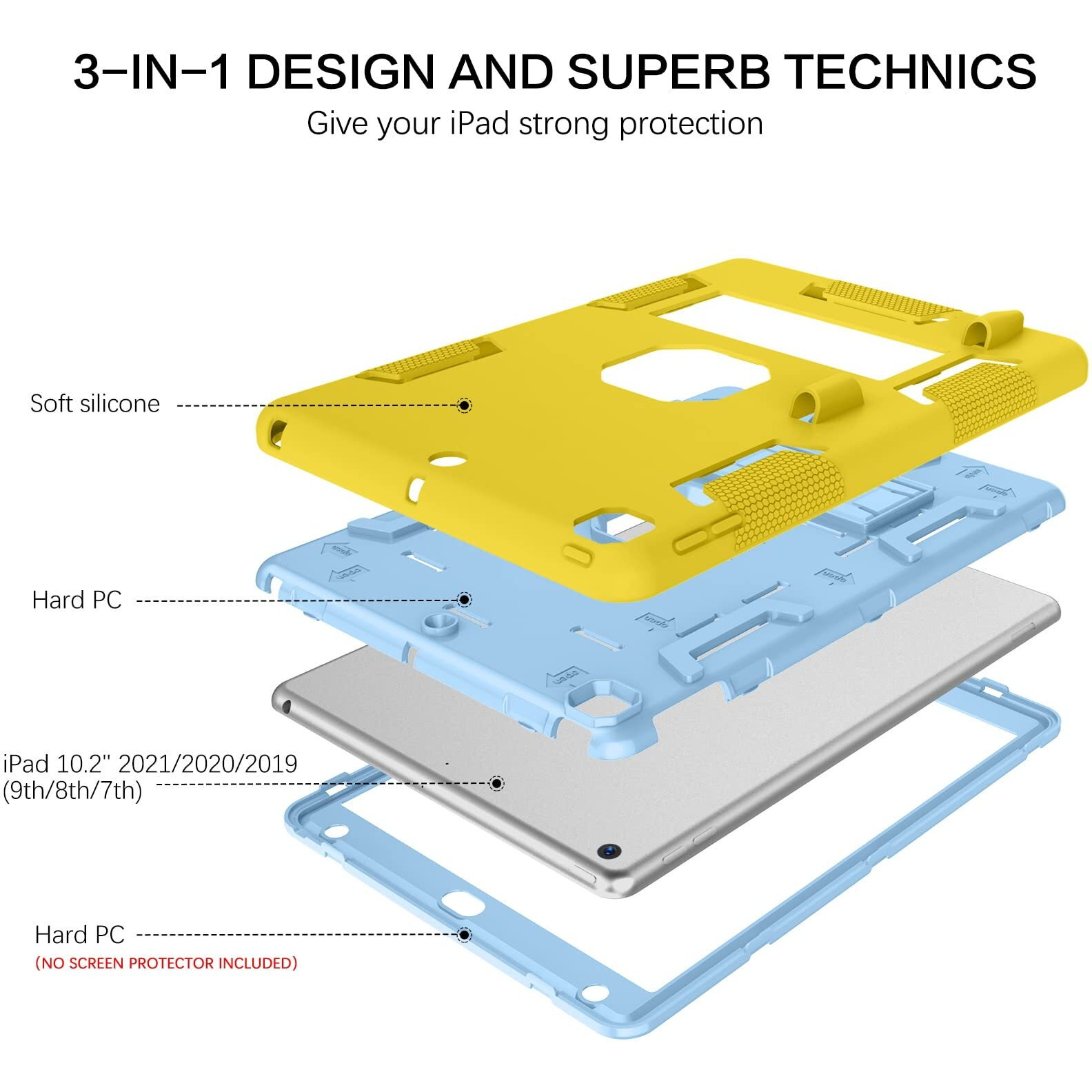 Veningo Ipad 9Th Generation Case, Ipad 8Th Gen Case,Ipad 7Th Gen Case, Ipad 10.2 2021/2020/2019 Case, 3 In 1 Heavy Duty Rugged Shockproof Protective Tablet Cover With Stand Pen Holder, Yellow/Blue