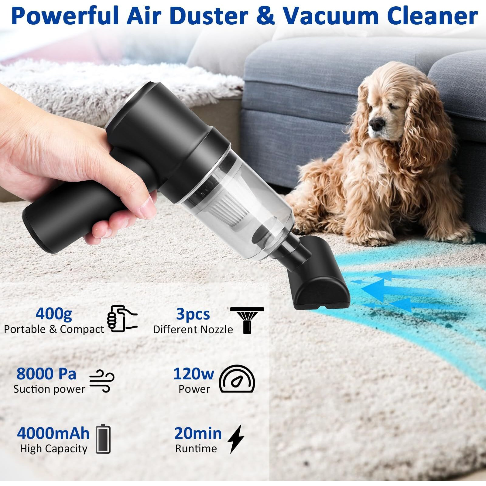 Handheld Vacuum Cordless, 8000Pa Mini Vacuum Cleaner Desk Vacuum, 120W High Power Car Vacuum 2 In 1 Air Duster, Keyboard Vacuum With Led Light & Multi-Nozzles For Car, Computer, Sewing Machine