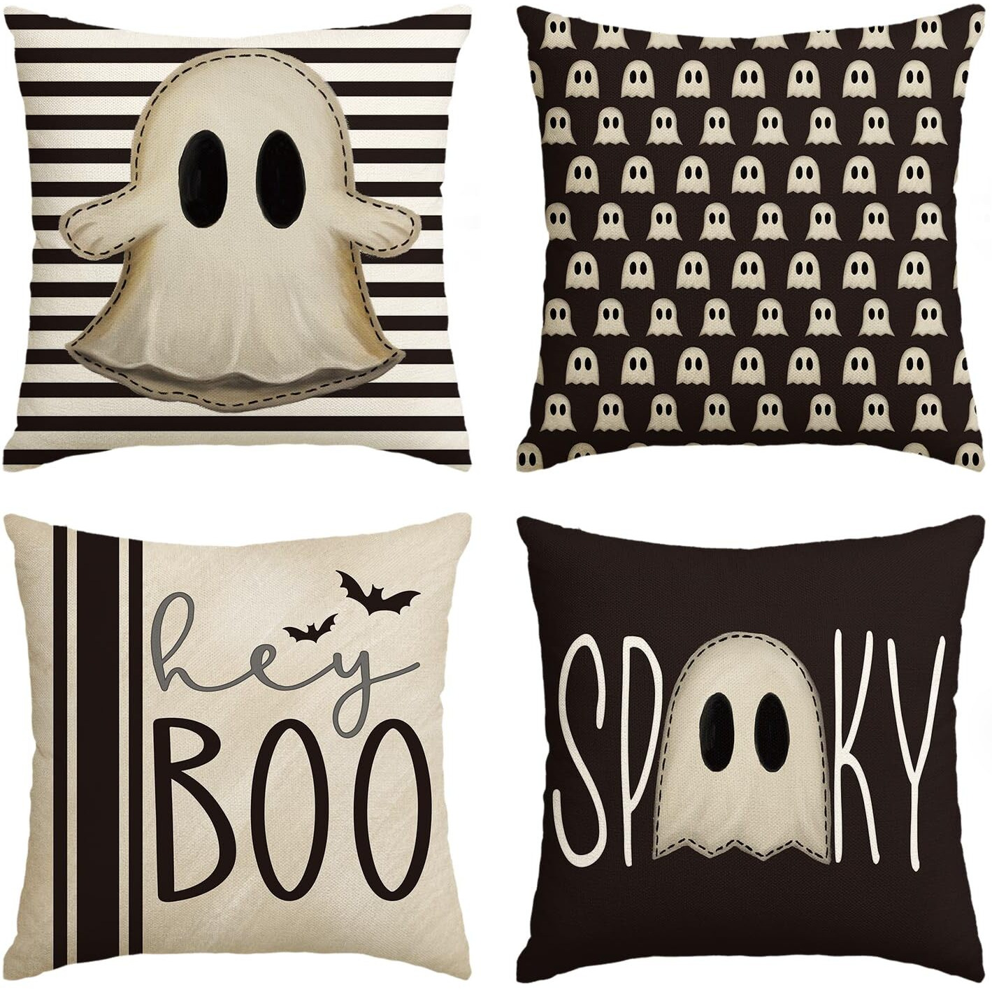 Avoin Colorlife Halloween Hey Boo Cute Ghost Spooky Throw Pillow Covers, 18 X 18 Inch Horror Scary Cushion Case For Sofa Couch Set Of 4, Black