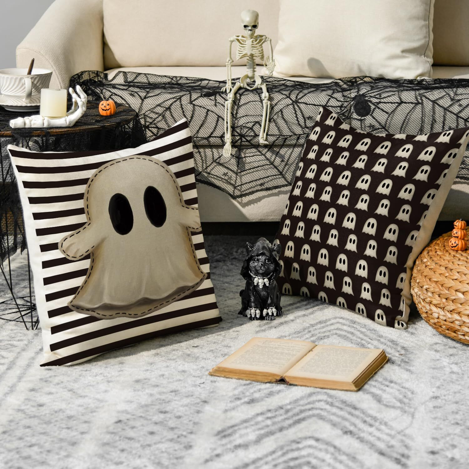 Avoin Colorlife Halloween Hey Boo Cute Ghost Spooky Throw Pillow Covers, 18 X 18 Inch Horror Scary Cushion Case For Sofa Couch Set Of 4, Black