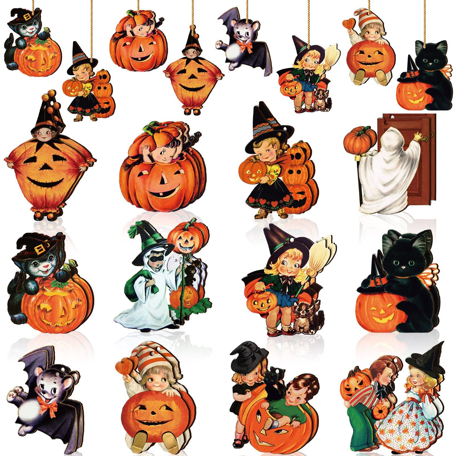 Geelin 24 Pcs Halloween Ornaments Wooden Halloween Decorations For Tree Pumpkin Wood Cutout Vintage Halloween Black Cat Bat Hanging Pendants Retro Halloween Decor For Small Tree Holiday Party Home