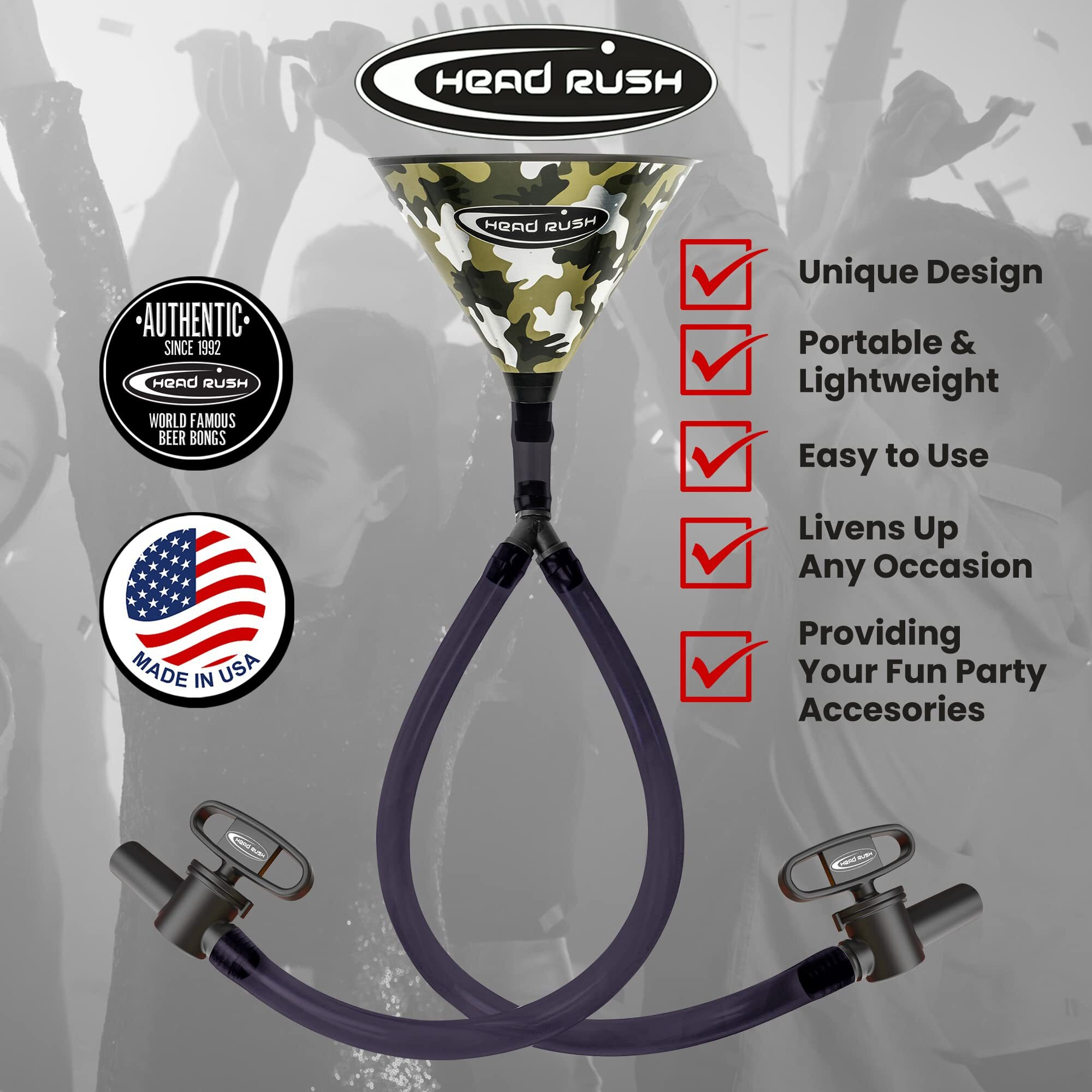 Head Rush Halloween Orange/Black Double Header 2-Tube Beer Bong, 8"" X 6.5"" Plastic Funnel With Dual Flexible Hose, 2 2-Ft Long Thick Tubes For Parties And Games For Adults.