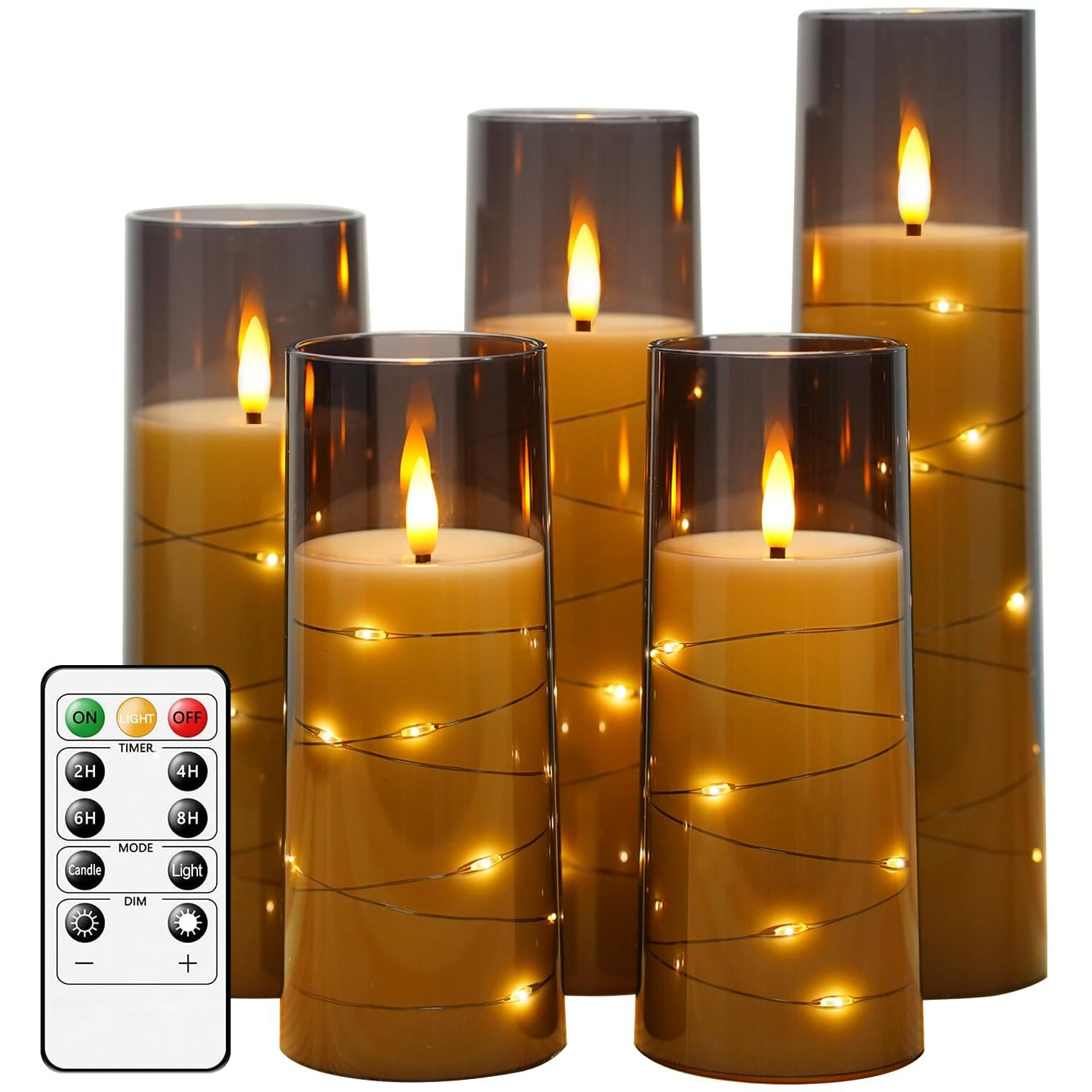 Obrldpao Flameless Candles Battery Operated,5 Pcs Acrylic Flickering Led Candles With Remote,With Embedded Star String Flameless Pillar Candle,Home Decor Halloween Christmas Creating Ambiance(Grey)