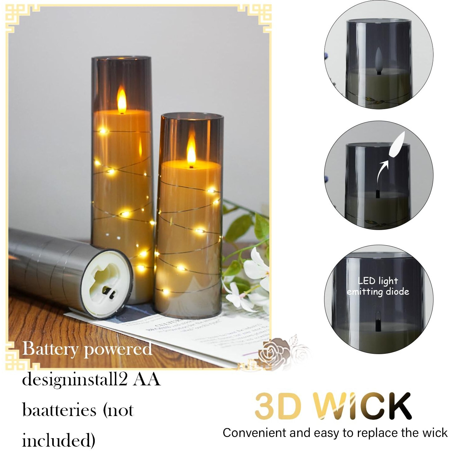 Obrldpao Flameless Candles Battery Operated,5 Pcs Acrylic Flickering Led Candles With Remote,With Embedded Star String Flameless Pillar Candle,Home Decor Halloween Christmas Creating Ambiance(Grey)