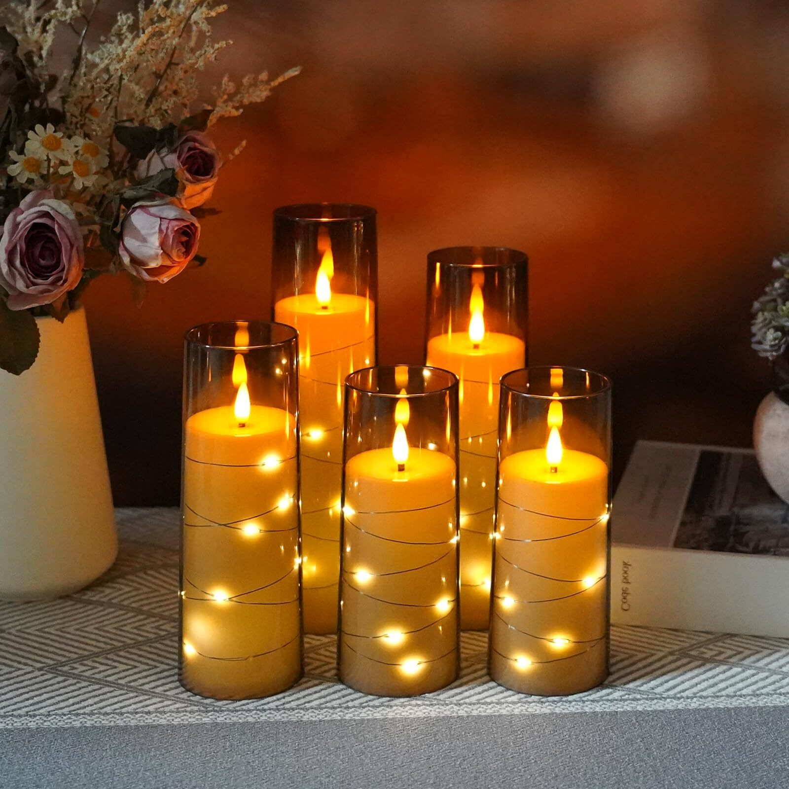 Obrldpao Flameless Candles Battery Operated,5 Pcs Acrylic Flickering Led Candles With Remote,With Embedded Star String Flameless Pillar Candle,Home Decor Halloween Christmas Creating Ambiance(Grey)