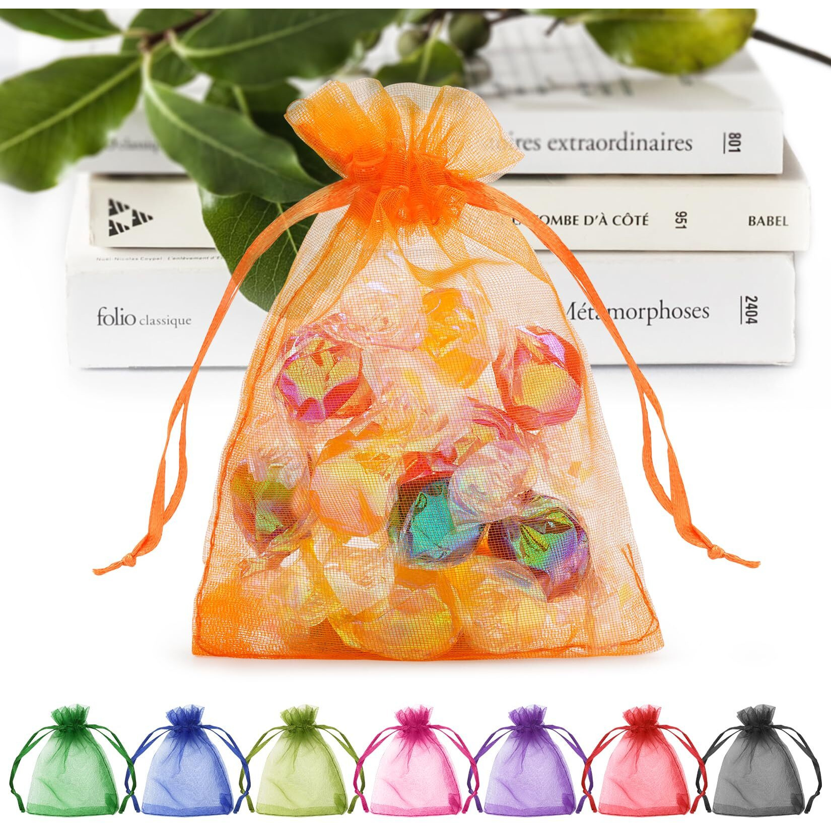 Anznku 100 Pack Premium 3X4 Inch Sheer Organza Bags, Small Mesh Bags Candy Bags For Halloween Birthday Party Wedding Favor(Orange)