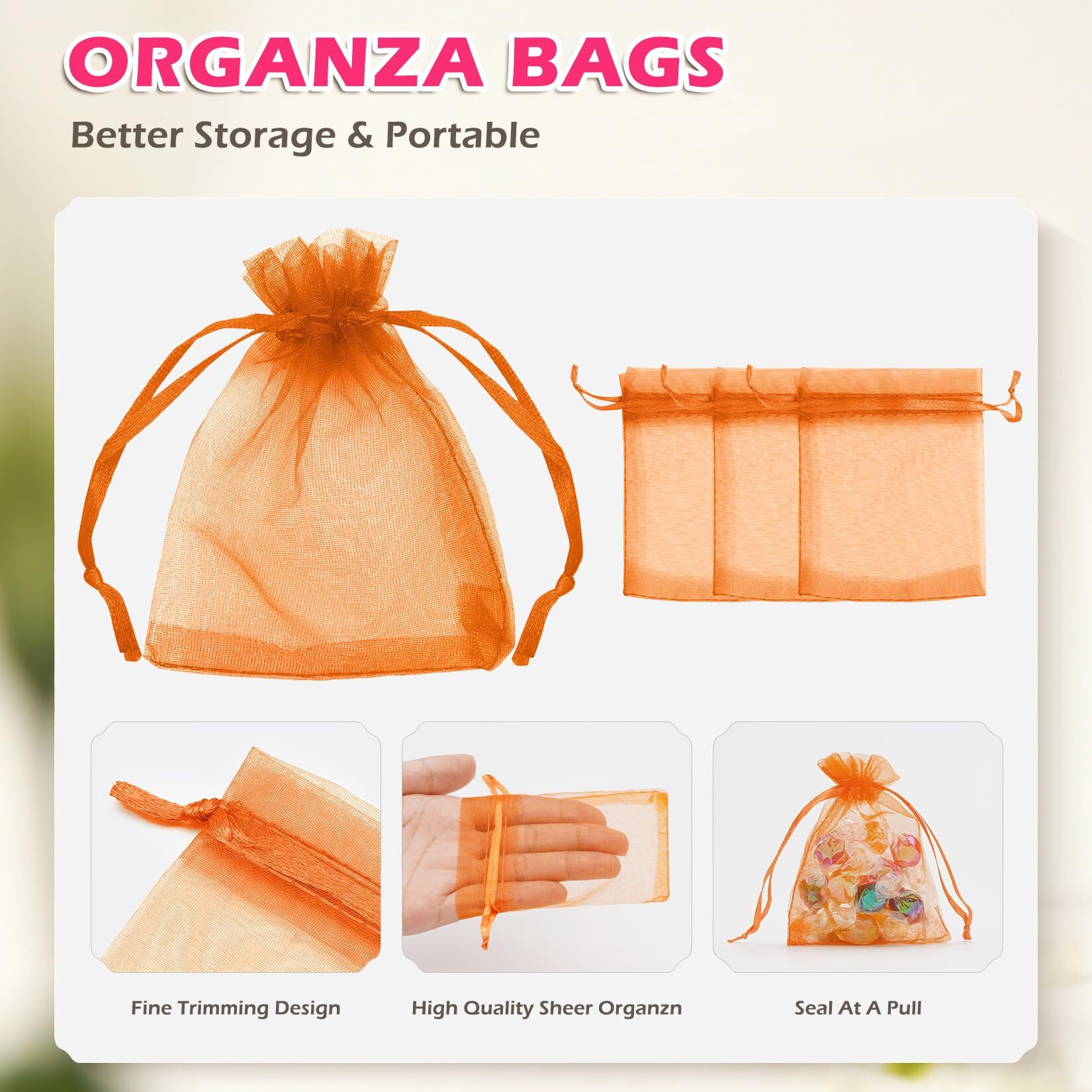 Anznku 100 Pack Premium 3X4 Inch Sheer Organza Bags, Small Mesh Bags Candy Bags For Halloween Birthday Party Wedding Favor(Orange)