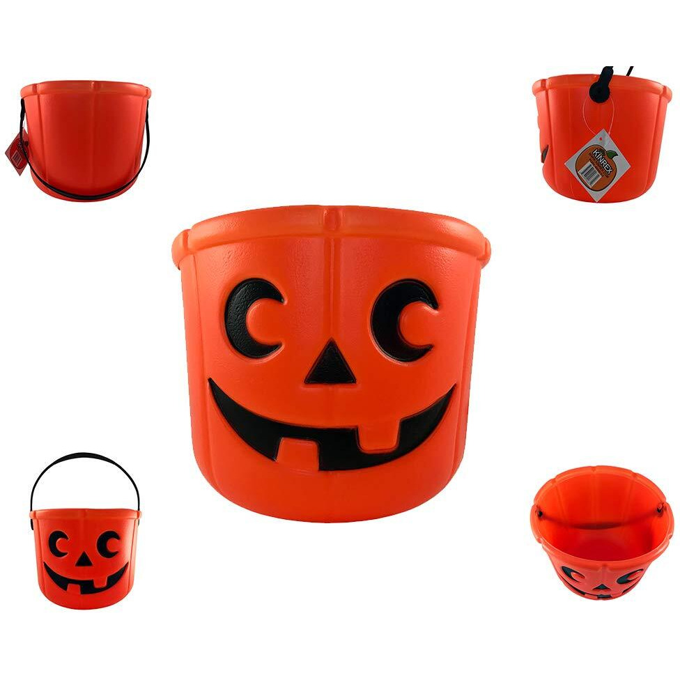 Kinrex Halloween Pumpkin Candy Bucket - Trick Or Treat Plastic Basket For Kids - Great Party Decor Favors - Orange - Measures 5.5 Inches