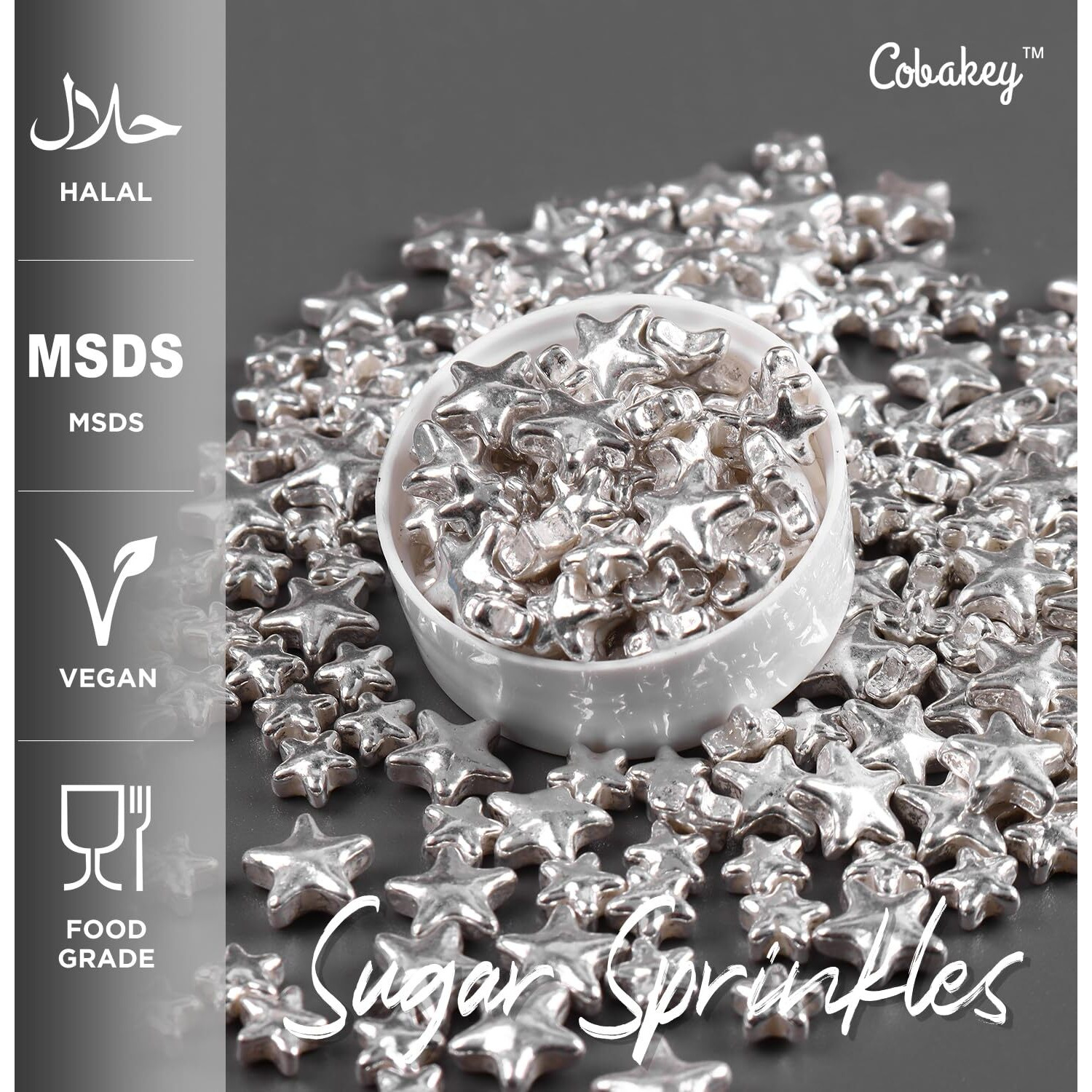 Cobakey Bright Silver Sprinkles For Cake Decorations 100G/ 3.52Oz Star Metallic Pearl Sugar Sprinkles For Cupcake Toppers Wedding Party Valentines Halloween Christmas Supplies