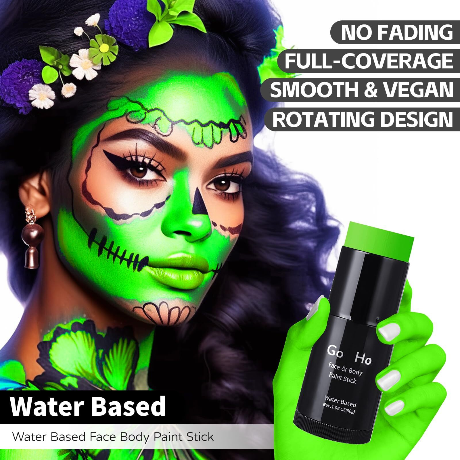 Go Ho Light Green Face Body Paint Stick,Water Based Washable Green Face Paint Stick,Non-Toxic Full-Coverage Cream Green Body Paint For Halloween Cosplay Sfx Makeup,St Patricks Day Accessories