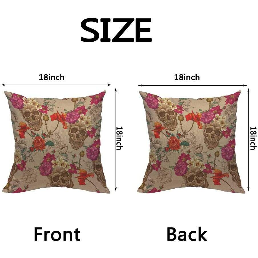Hosnye Skull And Flowers Throw Pillow Case Cushion Covers Sugar Skull Smiles Mexican Festival Halloween Cotton Linen For Couch Bed Sofa Car Waist 18 X 18 Inch